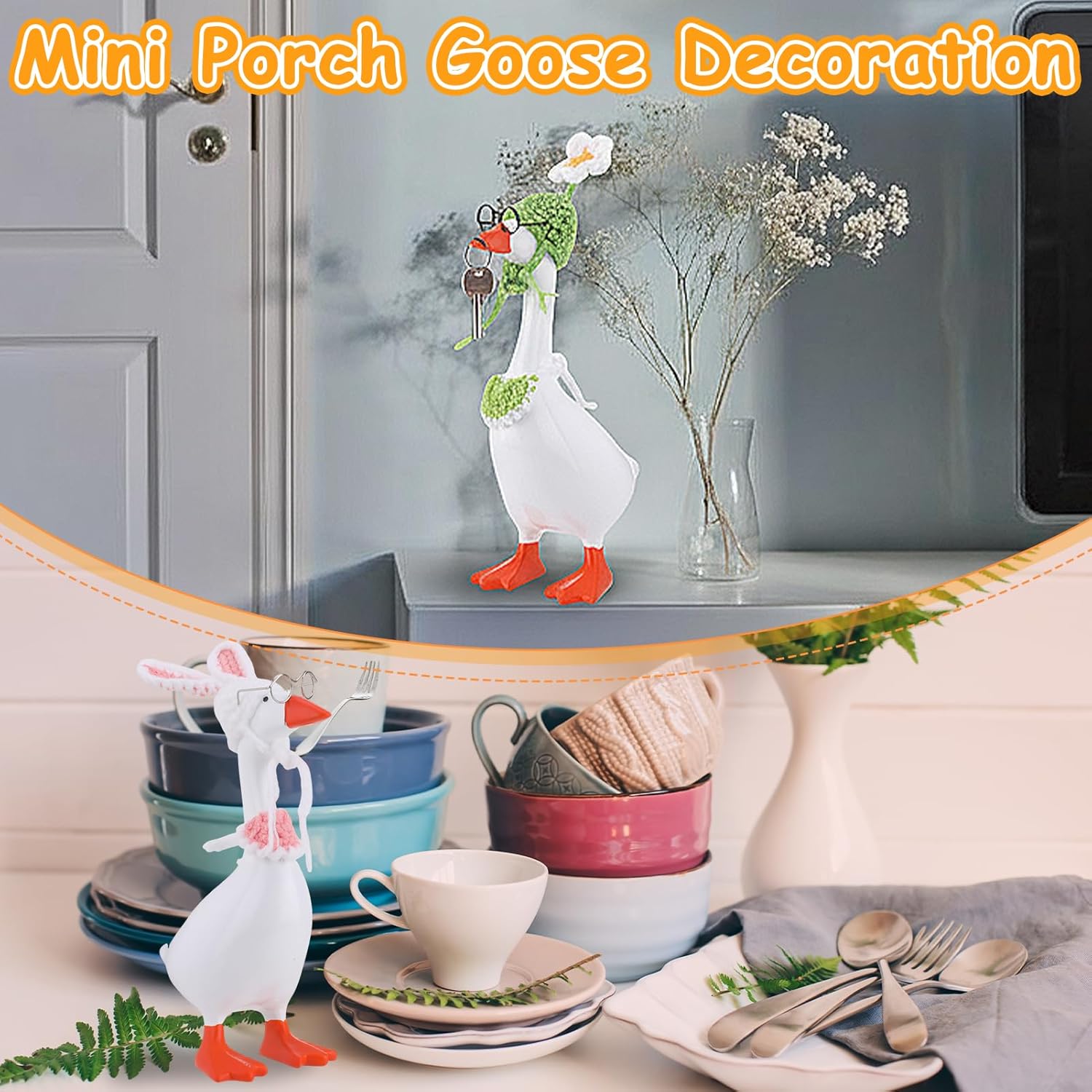 6 Set 7 Inch Desk Goose Outfits Mini Knitted Hats with Sunglasses and Scarves Cute Porch Goose Decor Accessories for Magnetic Desk Geese Statue Strawberry