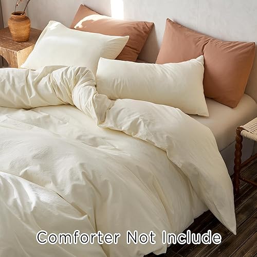 Miniatura 7 de TOCOMOA Juego de funda de edredón tamaño Queen, 100% algodón lavado con textura de lino, juego de ropa de cama de 3 piezas color crema, suave y