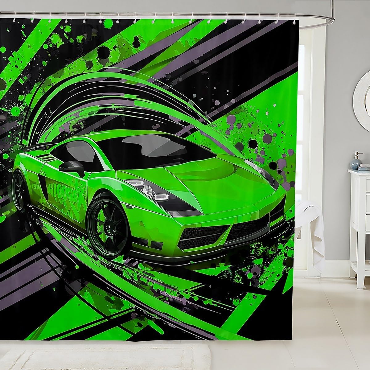 Erosebridal Boys Racing Car Shower Curtain Green Car Bath Curtain for Kids Extreme Sports Game Theme Bathroom Sets Teens Adult Cool Speed Automobile Hexagon Shower Stall Curtain 72" W x 78" L