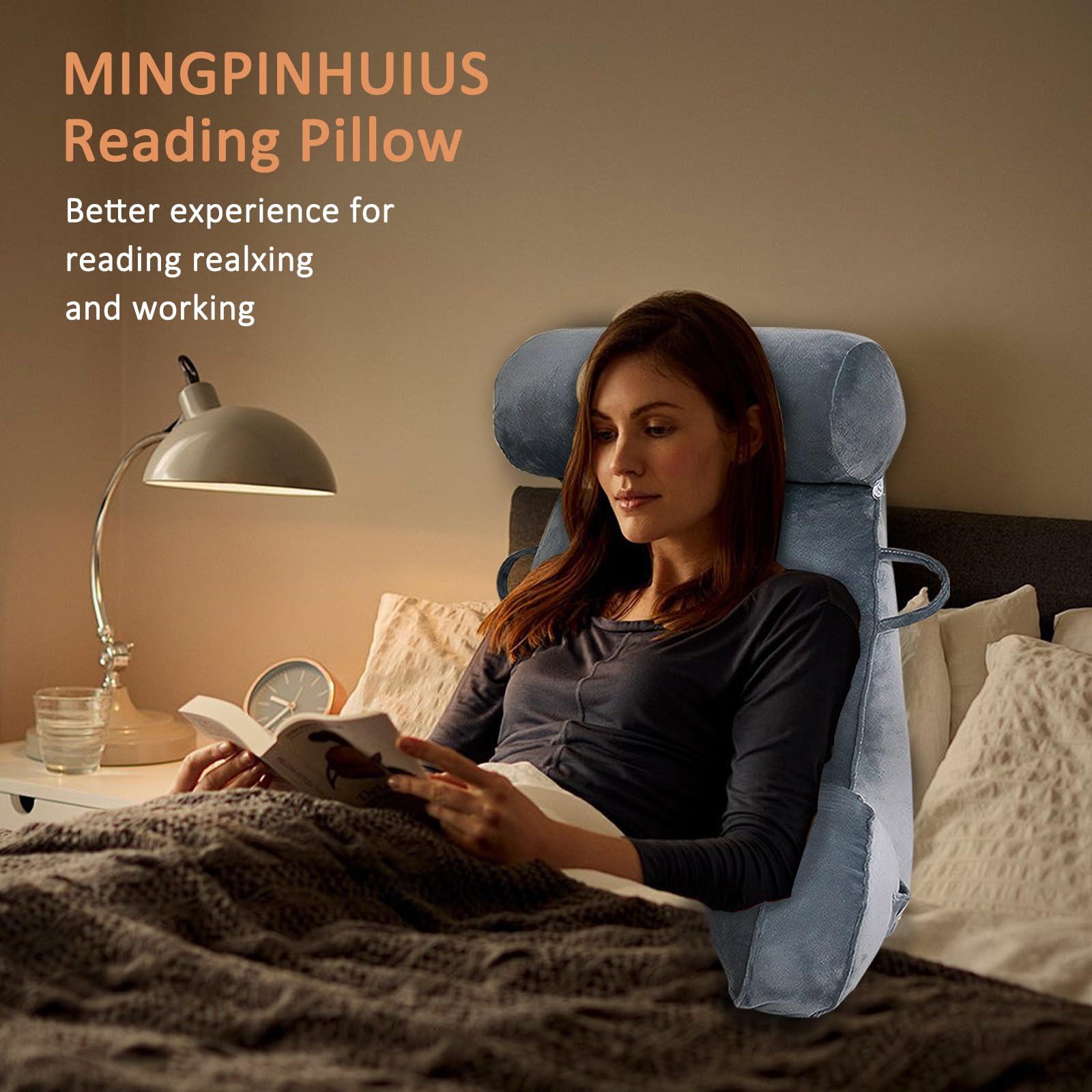 MINGPINHUIUS XL Poduszka do czytania do łóżka i sofy z odpinaną poduszką na szyję, idealna poduszka na plecy dla dorosłych z pianką memory foam dla komfortowego czytania, pracy, zabawy, oglądania