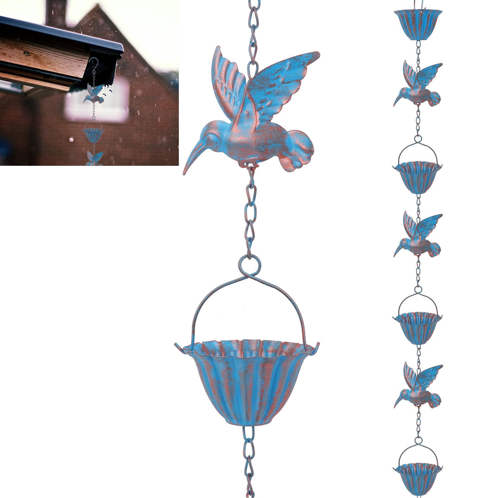 BigKing Catena per Acqua Piovana Colibrì per Grondaie, 2.4m Catena Antipioggia Sospesa per Il Drenaggio dell'Acqua, Catena per Grondaia, Deviatore per Acqua Piovana Esterna, Eaves Drainage