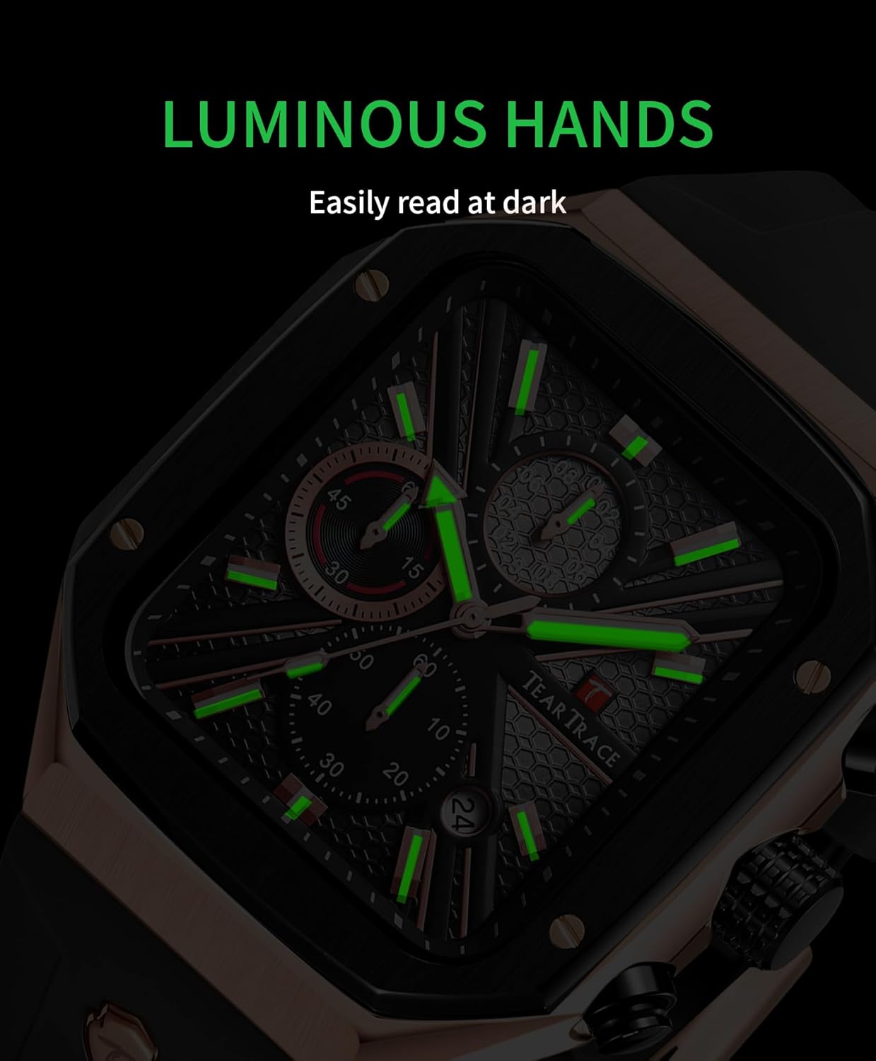 Rectangle Mens Watches Luminous Waterproof Luxury Dress Men's Wrist Watches Chronograph Analog Square Watch for Men with Silicon Strap - Image 6