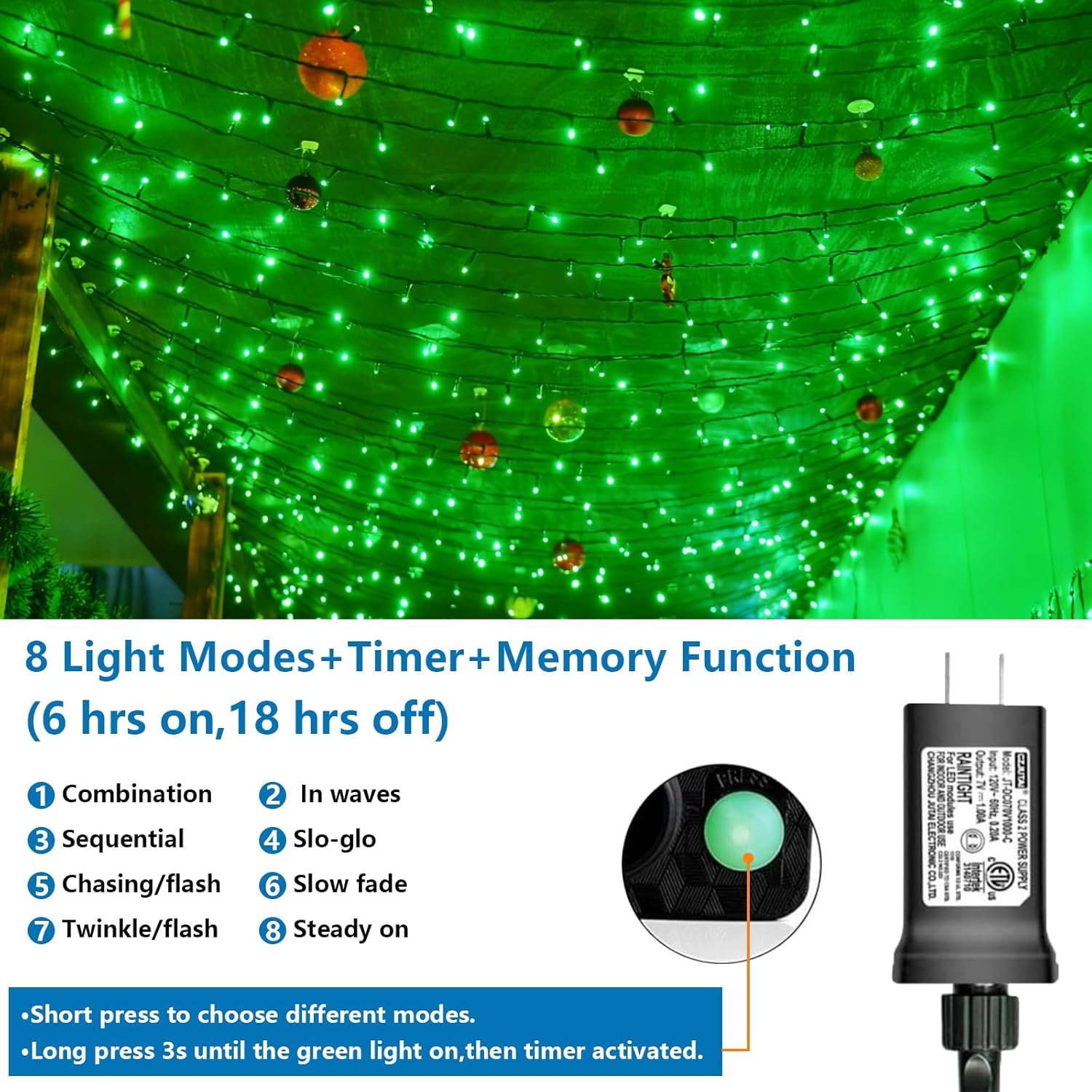 YEGUO 165ft 500 LED Christmas Lights Outdoor Waterproof, 8 Modes Green String Lights Plug in, Twinkle Christmas Tree Lights Indoor with Timer Memory - Image 9