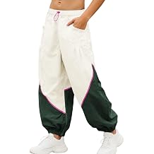 Athlisan Women's Baggy Wide Leg Pants Elastic Waist Workout Track Color Block Parachute Pants with PocketsApricot-M