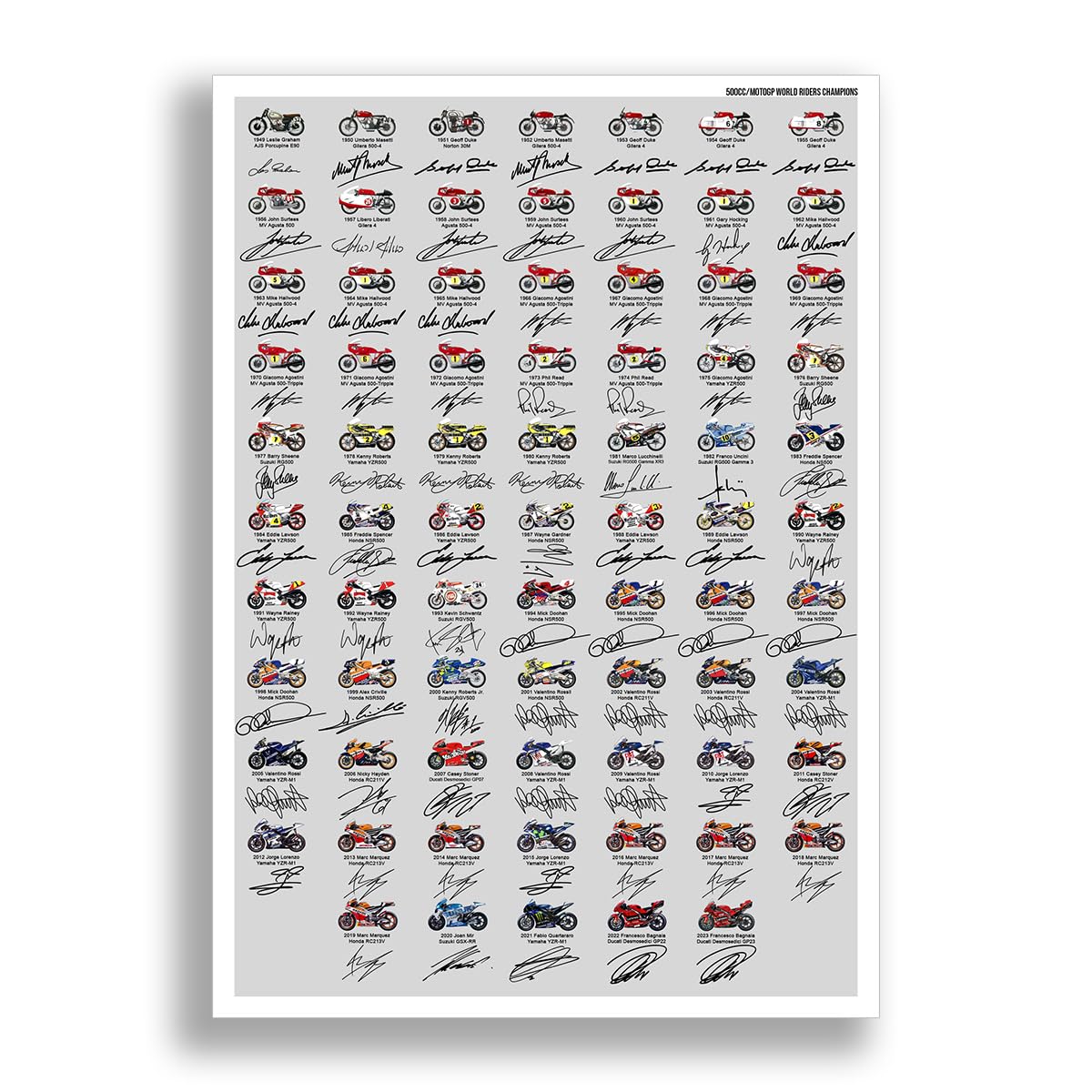 MotoGP All World Champions Winners Riders 1949-2024 season signed poster print picture photo autograph gift 500CC Valentino Rossi Marc Marquez Mike Hailwood (A3 poster only)