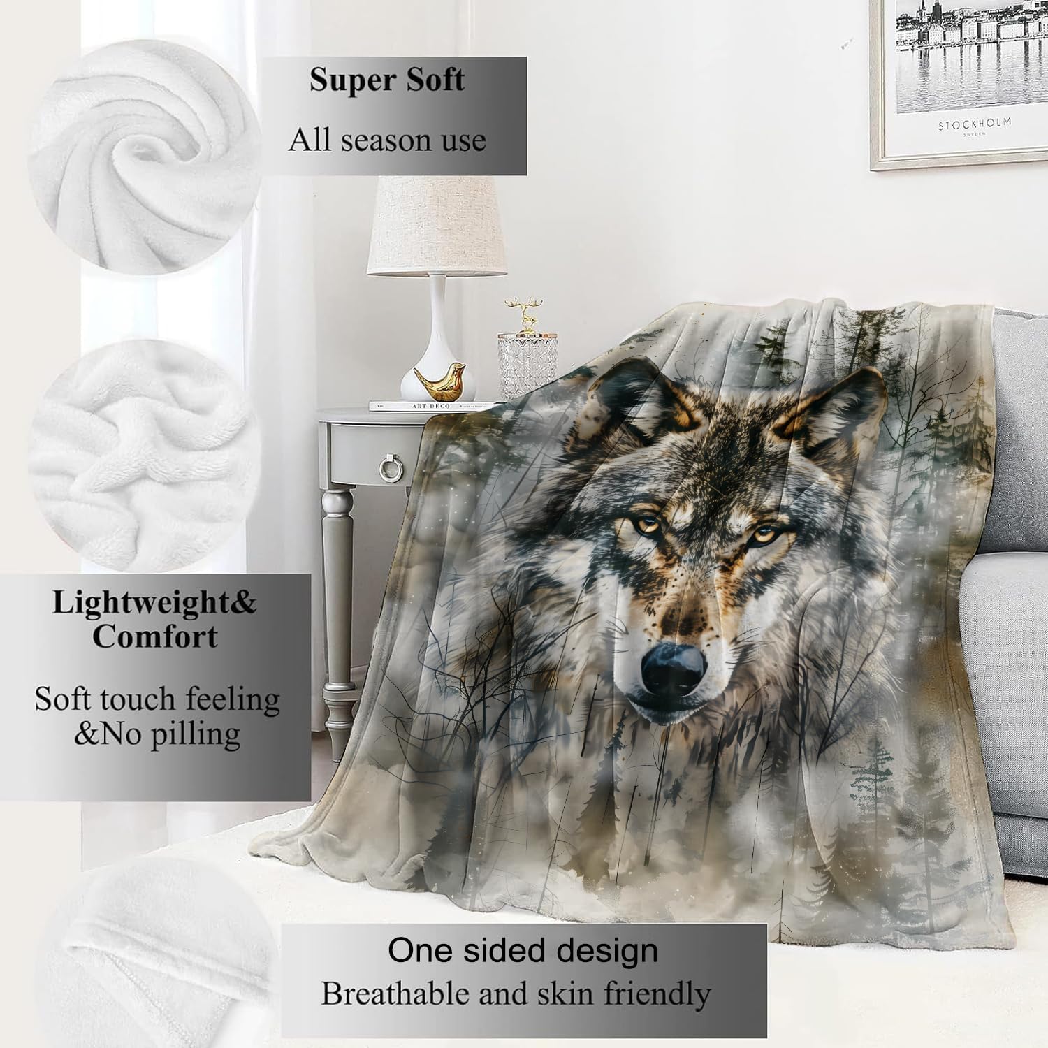 Cool Wolf Blanket Majestic Forest Throw Blankets,Birthday Gifts for Kids Men Women & Wildlife Lovers,Lightweight Soft Fleece Cozy for Sofa Couch Bed Room Rustic Decor 50x60in - Image 2