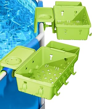 Poolside Storage Basket Above Ground Pool Accessories, Pool Storage Basket with Cup Holder, Pool Cup Holder Storage to Organize Dink, Cup, Towel, Phone, Sunglasses and More 2-Pack Green