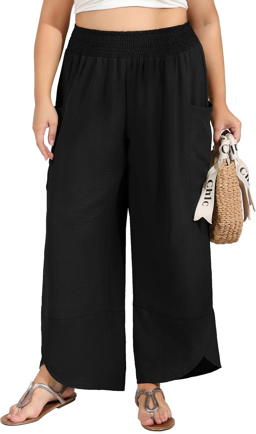 SEKINO Women's Plus Size Wide Leg Palazzo Pants High Waisted Boho Loose Casual Pant Flowy Beach Trousers with Pockets