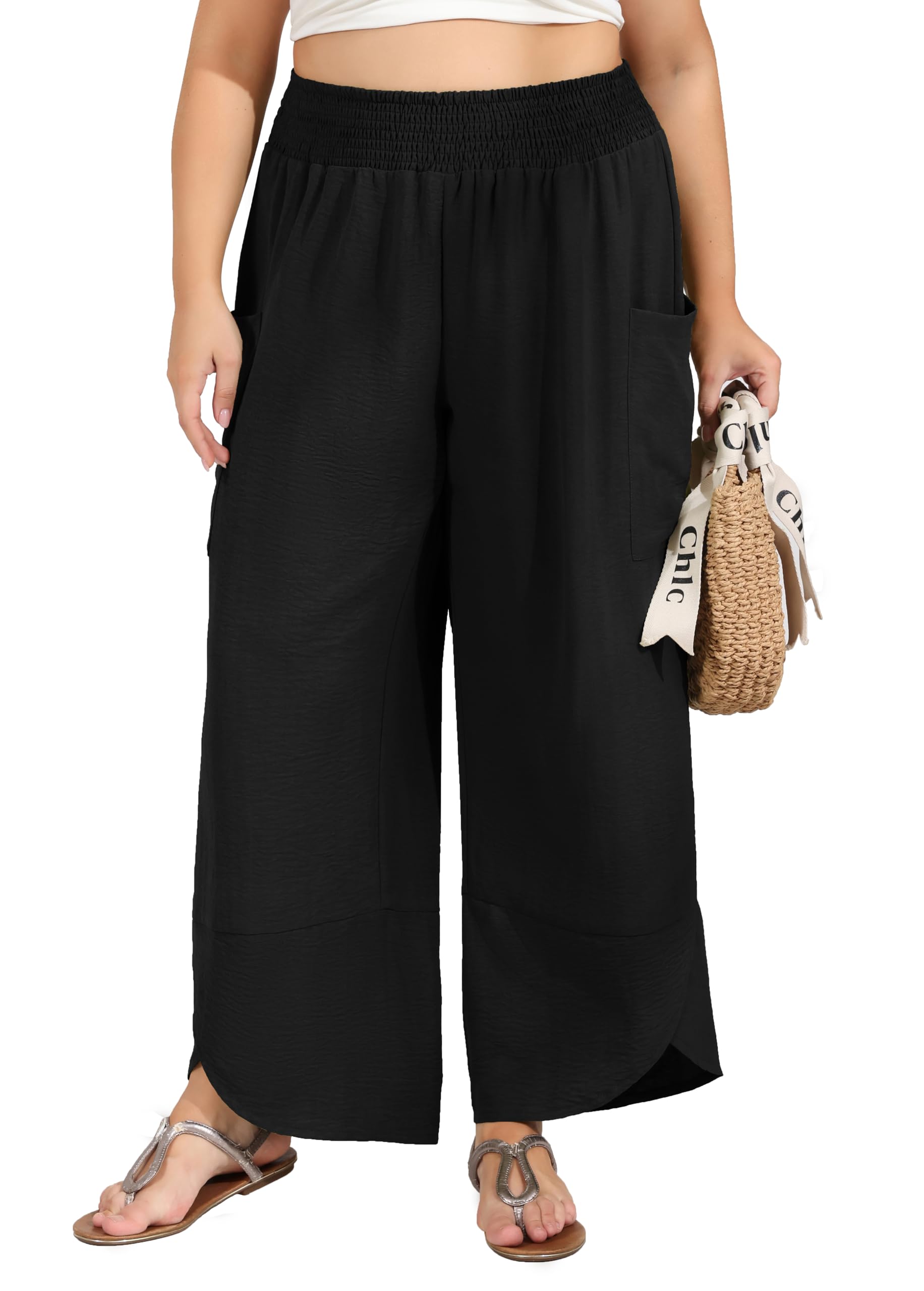 SEKINO Womens Plus Size Wide Leg Palazzo Pants High Waisted Boho Loose Casual Pant Flowy Beach Trousers with