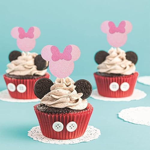 Miniatura 5 de 24 piezas inspiradas en ratones para magdalenas con lazo rosa con purpurina, mini púas para cupcakes, baby shower, boda, niños, fiesta de