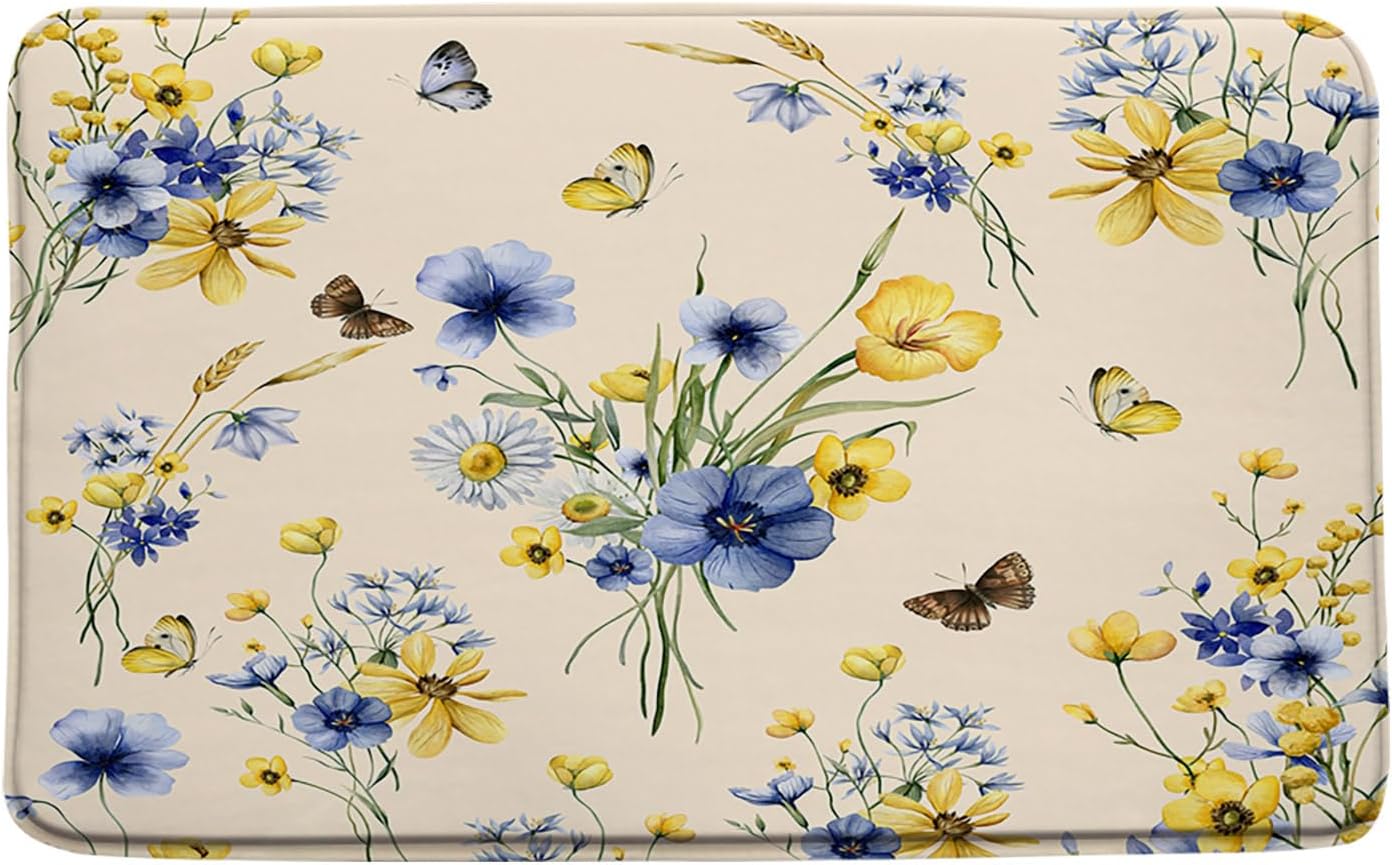 Yellow Blue Flower Bath Mat Rustic Watercolor Blue and Yellow Floral Butterfly Nature Spring Plant Bathroom Doormat Toilet Floor Rug,16x24+16x48 Inches