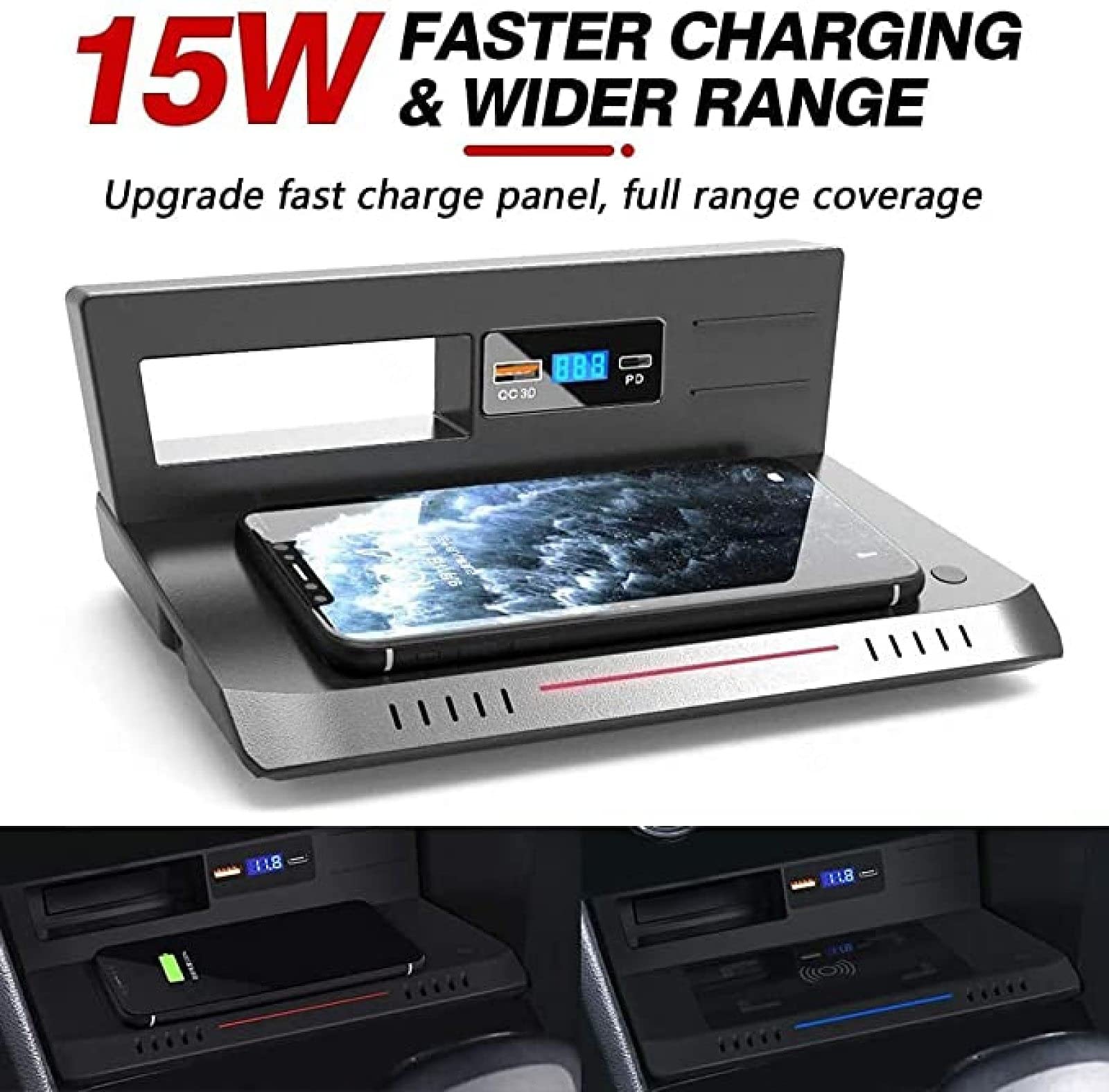 Cargador de coche inalámbrico Qi rápido de 15 W [sentido electromagnético] almohadilla de carga inalámbrica para VW TI-GUAN 2018 2019 2020 2021 Panel de accesorios de consola central con USB QC3.