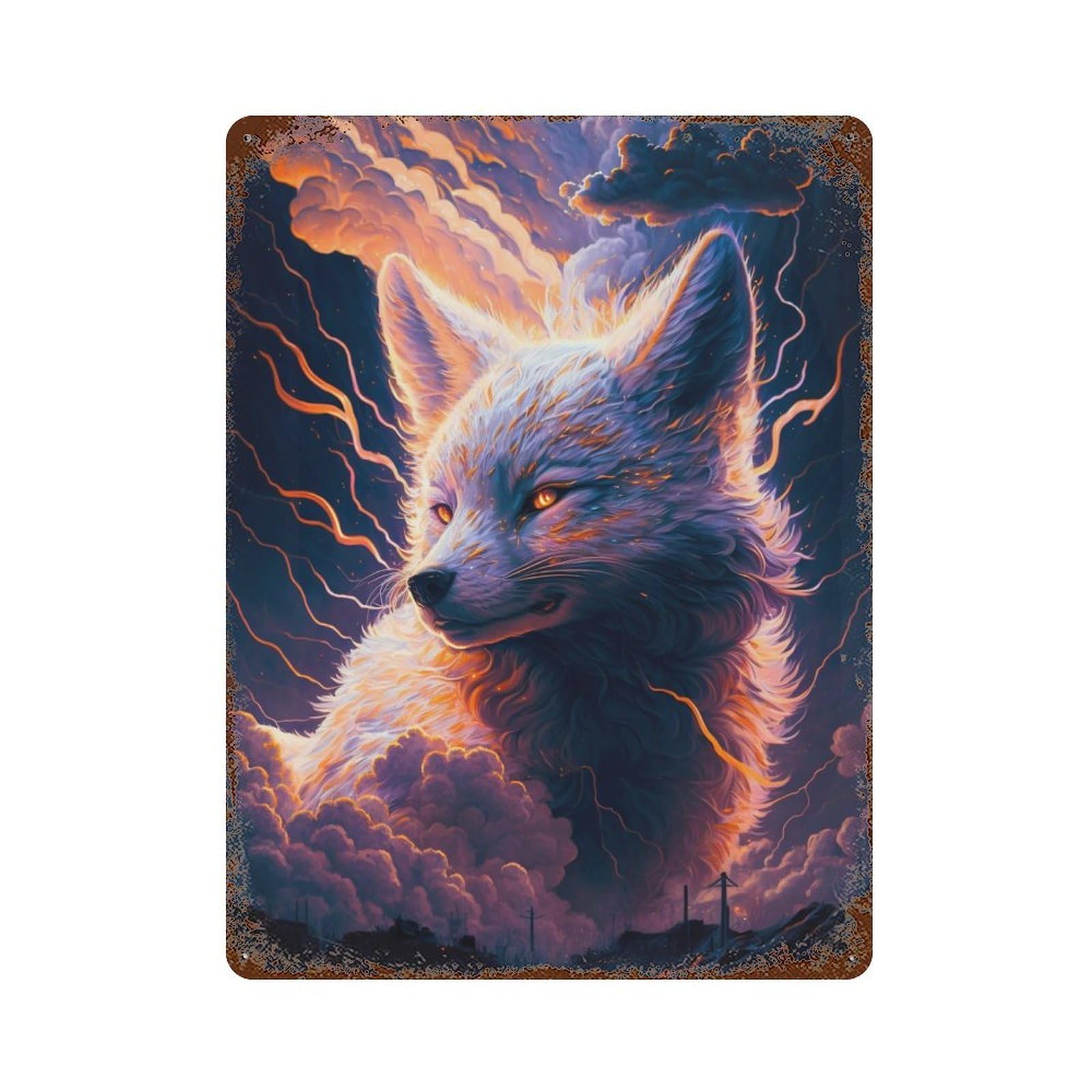 Fox Spirit in Stormy Sky Rustic Tin Plaque 15.7"x11.8", Industrial Home Decor for Pub, Kitchen And Man Cave Decor