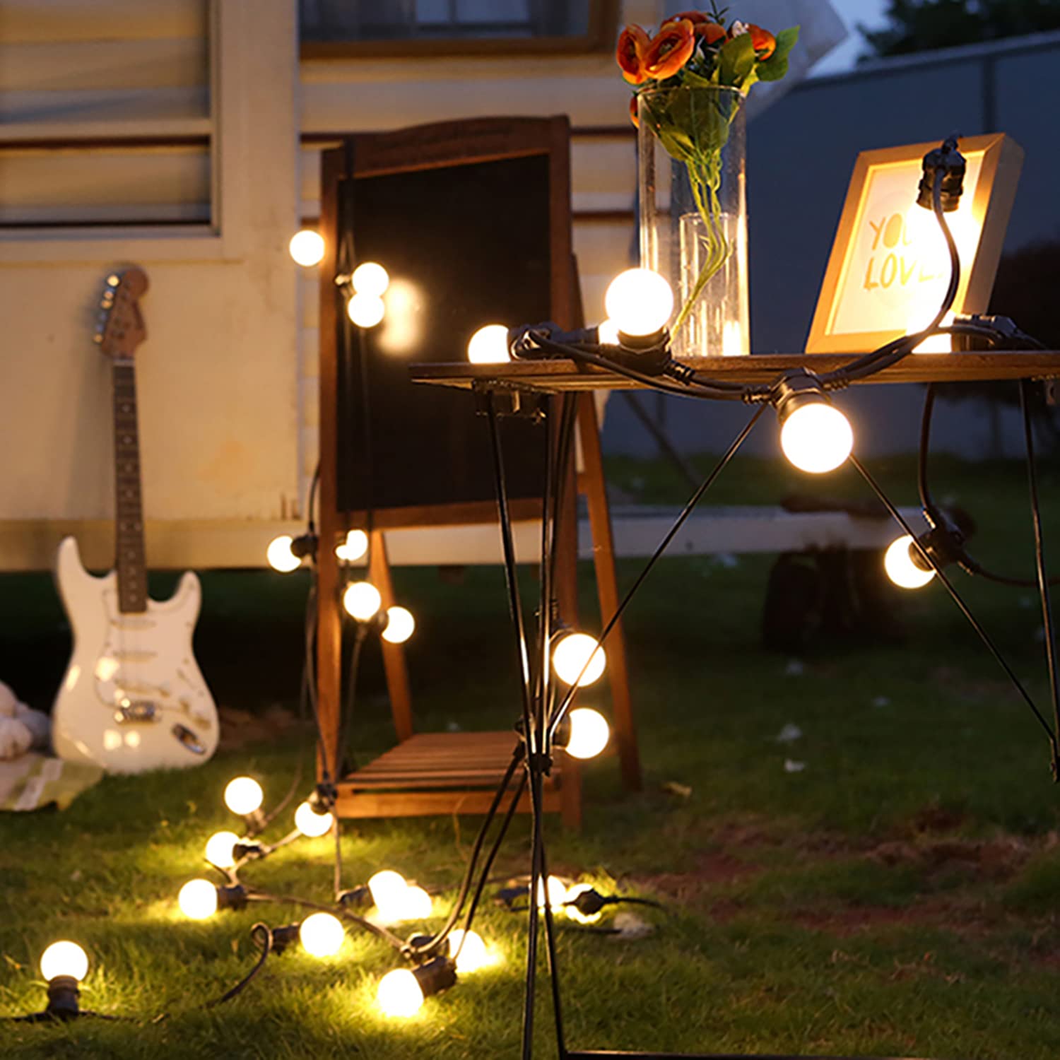 KINGCOO, catena di luci a energia solare, per esterni, impermeabile, 5 m, LED, luce bianca calda, 10 lampadine G50, 8 modalità, per interni, esterni, balcone, giardino, matrimonio, festa, Natale