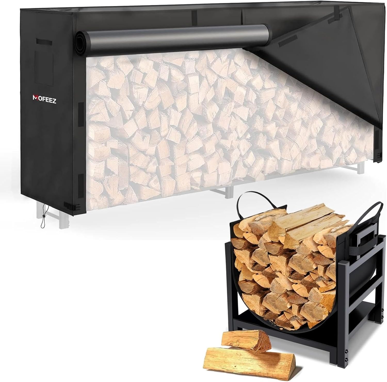 MOFEEZ Firewood Holder Indoor with Wood Carrier+8ft Firewood Log Rack Cover Outdoor