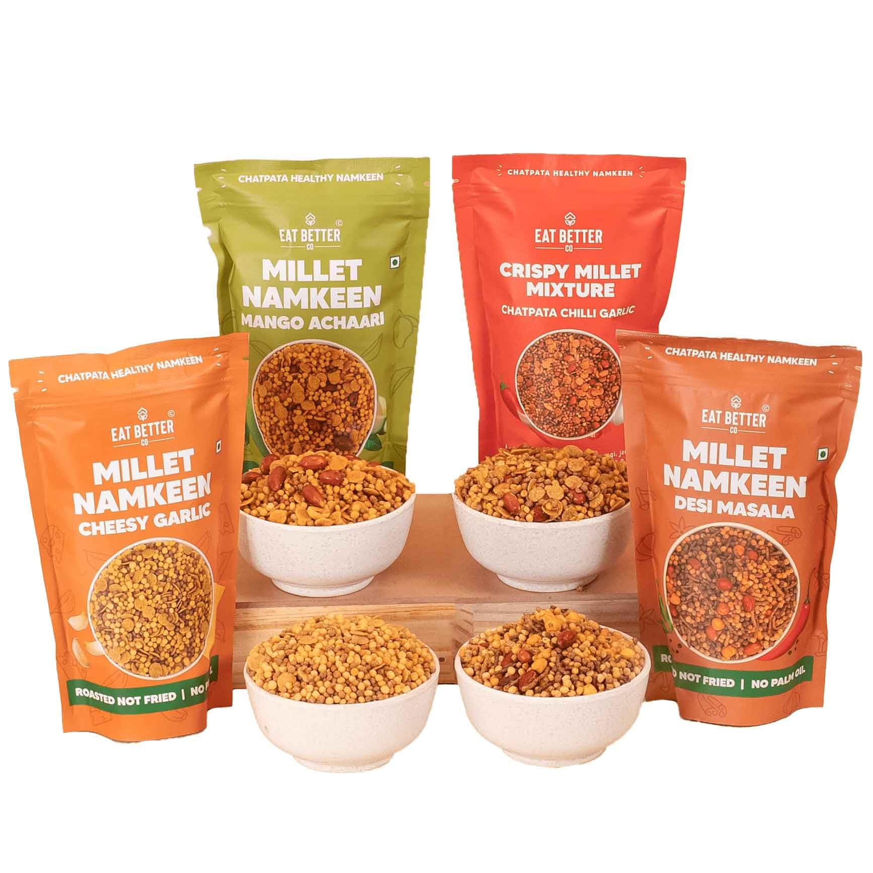Eat Better Co – Millet Namkeen Combo – Four Flavours – Desi Masala, Mango Achari, Cheesy Garlic and Chilli Garlic – 4 * 100 grams - Healthy Snacks for Adults Combo (B0CY5N1KVG) Amazon Price History, Amazon Price Tracker