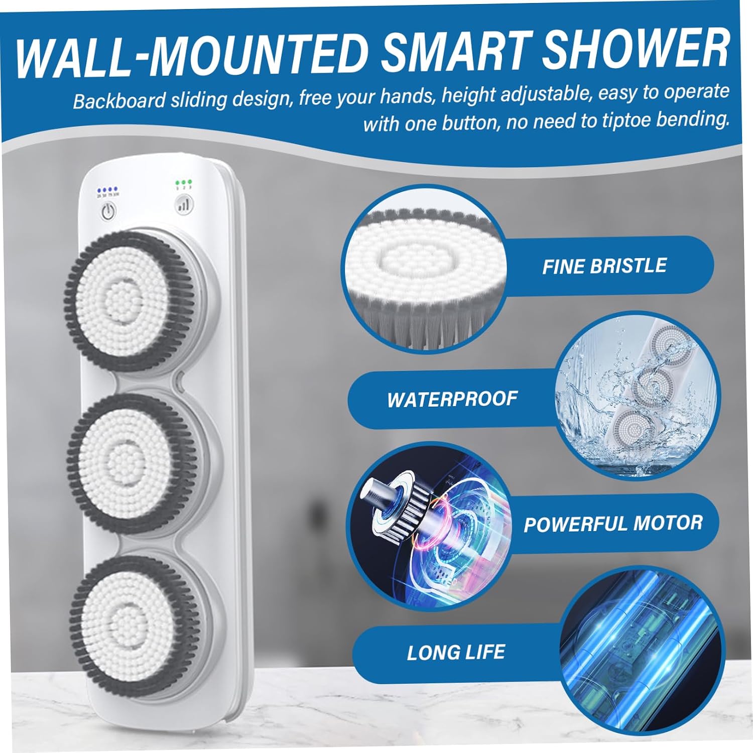 Wall Mounted Back Scrubber with 3 Brush Head,Electric Back Bath Brush,Large Exfoliating Brush,Adjustable 2 Mode 4000mAh Magnetic Charging Silicone Shower Scrubber for Body