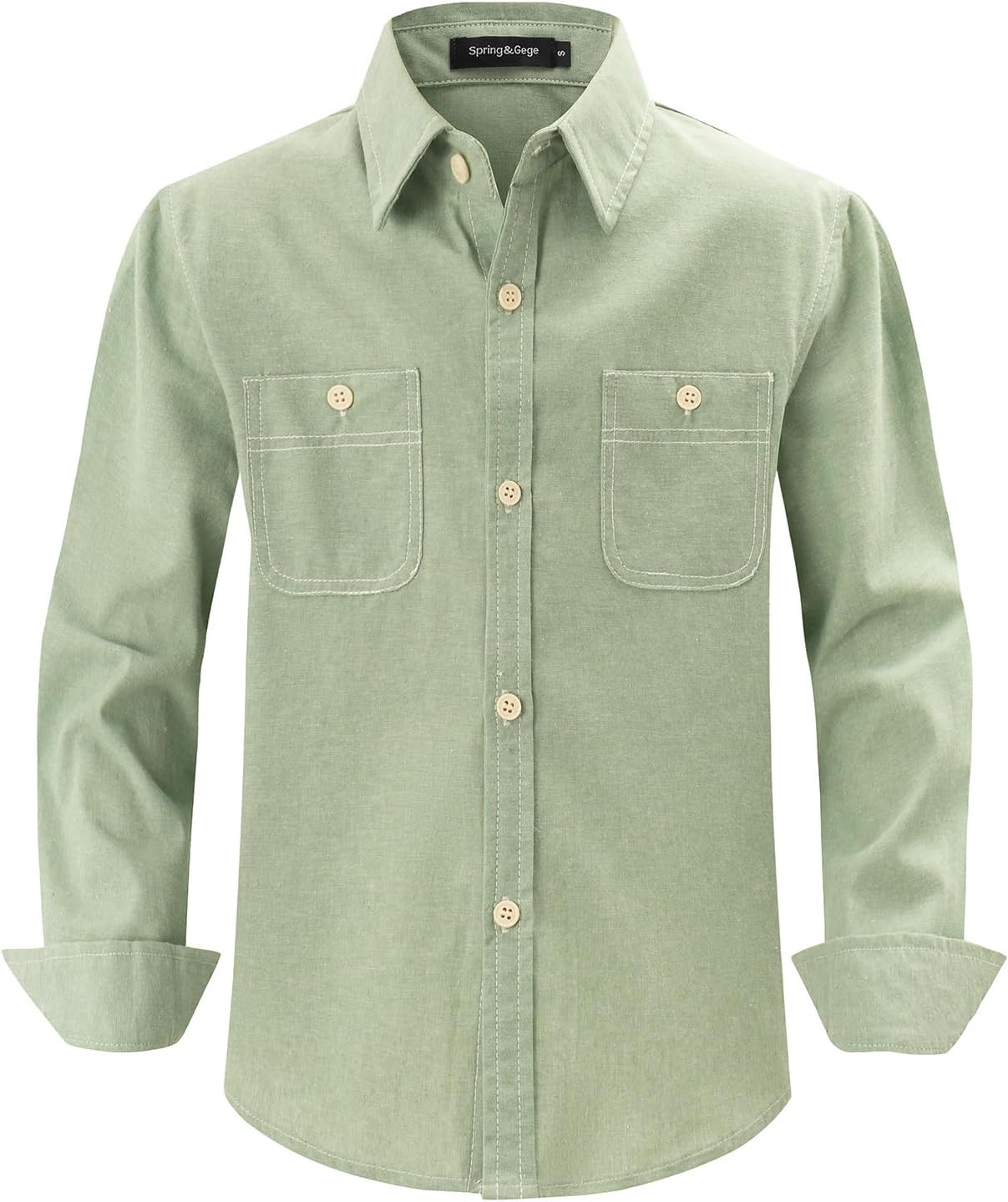 Spring&Gege Boys' Long Sleeve Chambray Shirt Casual Cotton Woven Button Down Shirt with Two Pockets