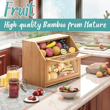 Large Bread Box,Bamboo Wood for Kitchen Counter, Corner Bread Box, Large Capacity Bread Storage Bin