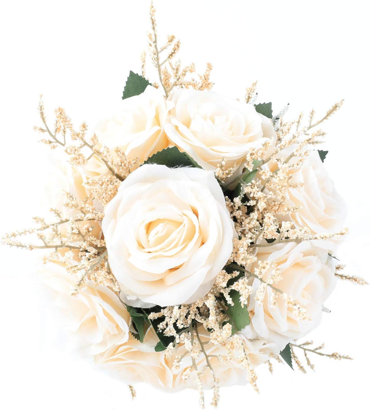 Wedding Romantic Bouquet Bridesmaid Artificial Flowers Handmade Vintage Bouquet (8in, Off-White)