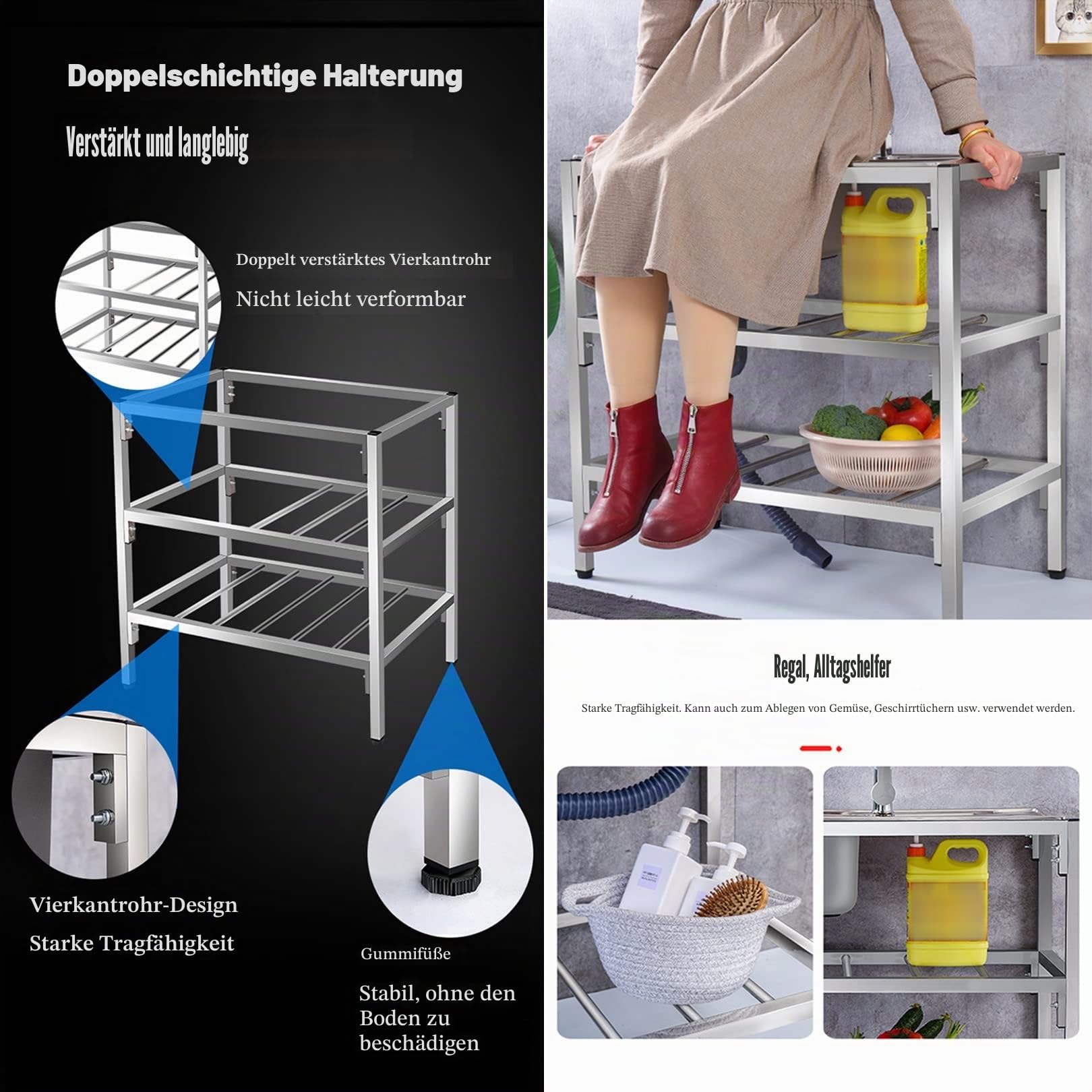 Spülbecken für die Waschküche, Spülbecken aus Edelstahl 304, Waschwanne für den Außenbereich Schmutzwasserspüle Für Garage, Restaurant, Küche, Waschküche, Innen und Außen(Double-Layer)