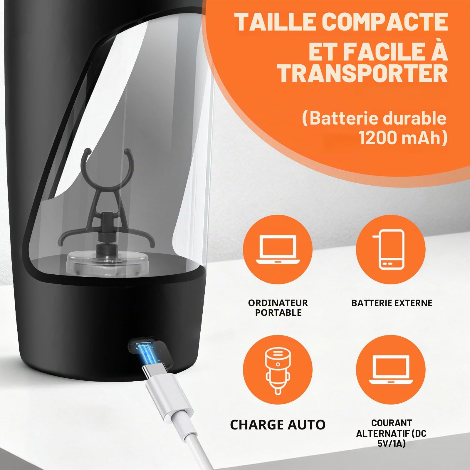 Shaker electrique, 700ml shaker électrique avec compartiment à poudre, shaker proteine rechargeable USB C, sans BPA (noir)