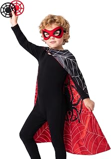 Spider Super Hero Halloween Costume Cape Mask Webs for Kids Boys | 4PCs Double Sided Black & Red Cape 30”, Felt Mask and Webs Toys, Cosplay Dress Up Merch Gifts for 4-10 Kids Boys Toddlers