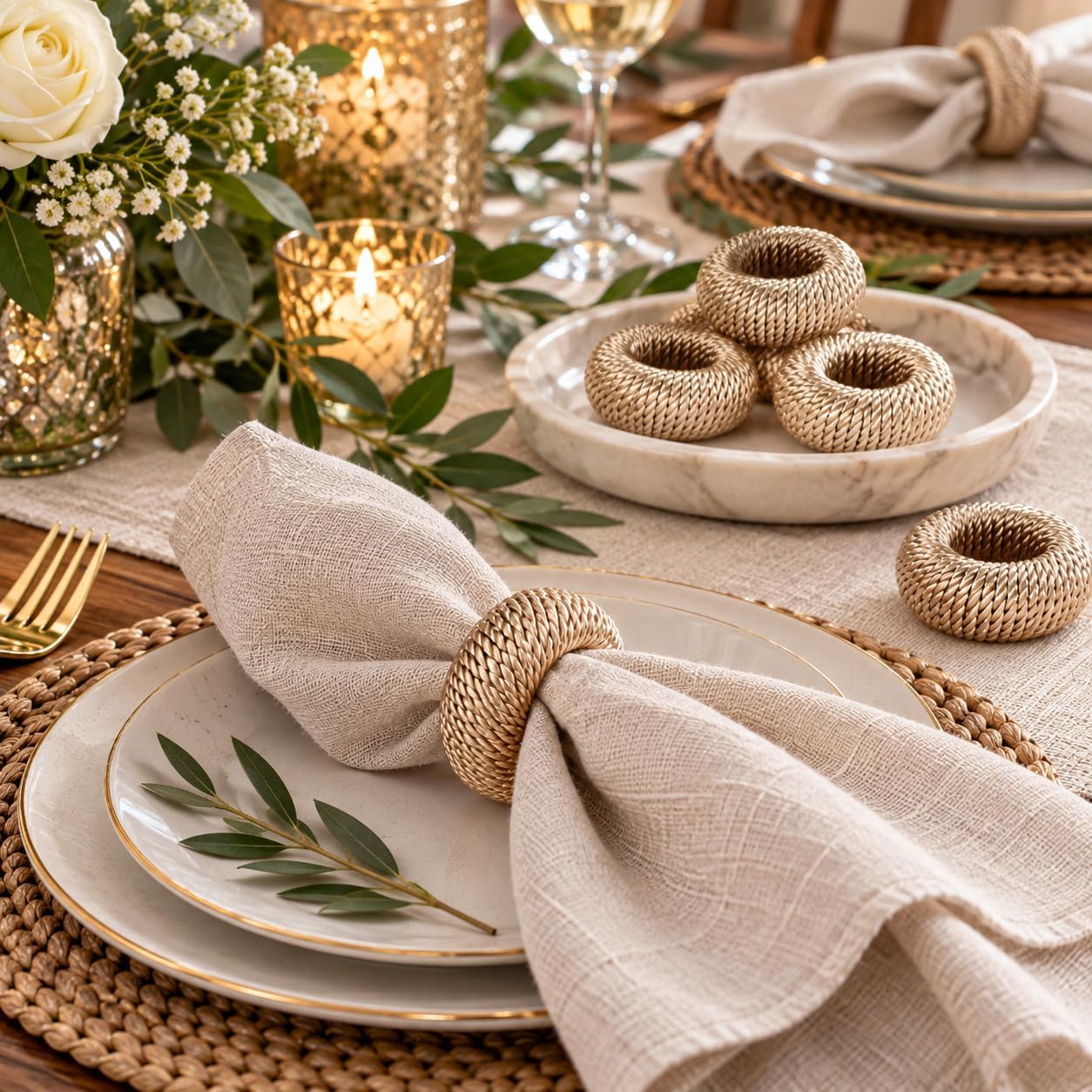 Alpha Living Home Woven Yarn Napkin Rings, Beige, Set of 12 image 3