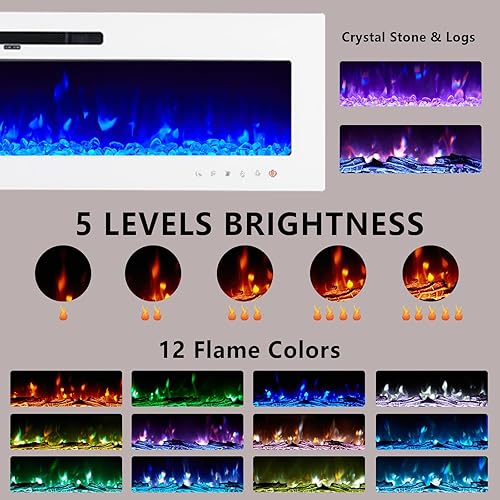 Miniatura 3 de LUXOAK Chimenea eléctrica empotrada y montada en la pared de 60 pulgadas con brillo de llama ajustable, chimenea de espejo independiente con patas,