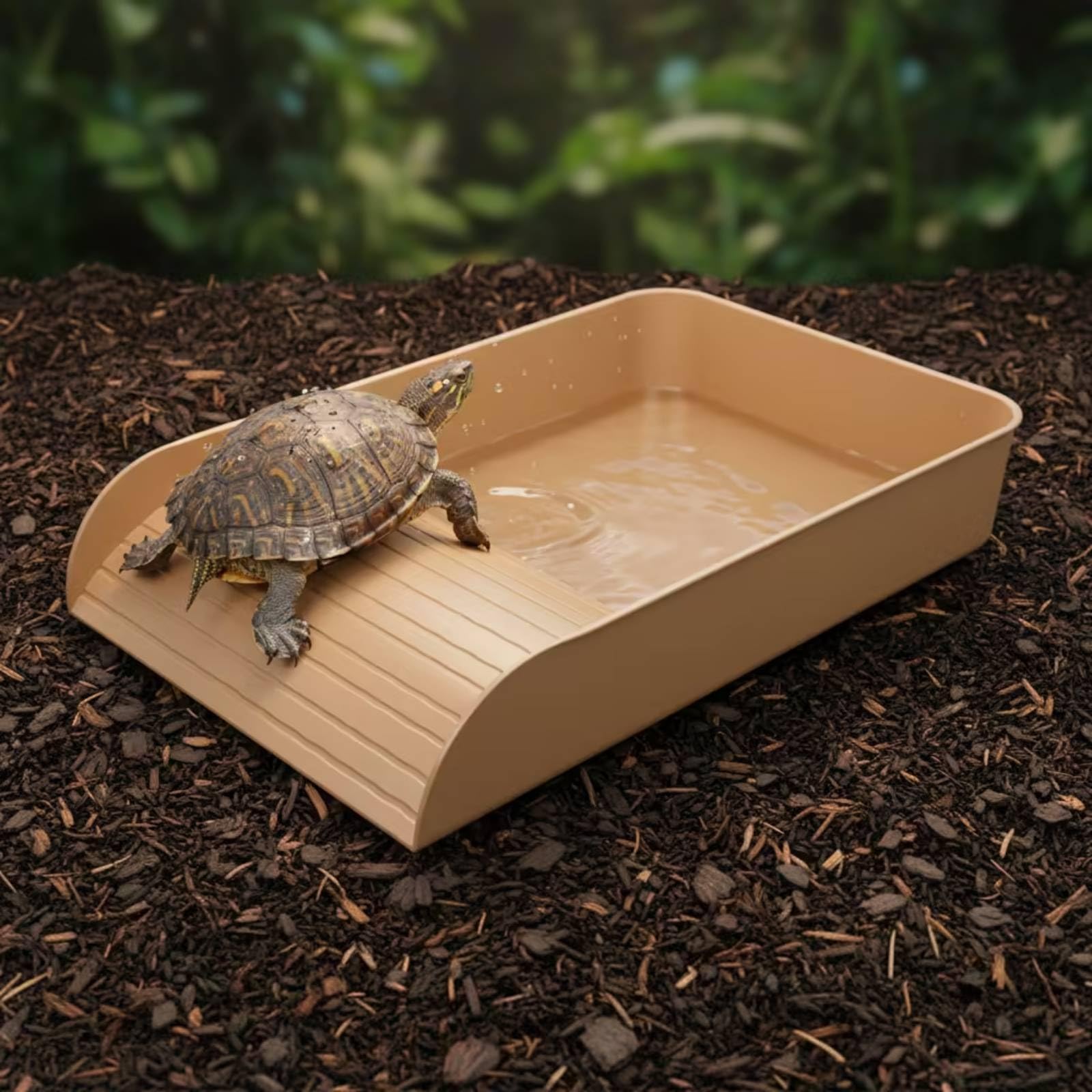 Gralara Bañera Plástico con Rampa Fácil Acceso Tazón Agua Tortuga Altura bajo Plato Alimentación Reptiles con Rampa para Tortugas, Terrario, con Drenaje Inferior