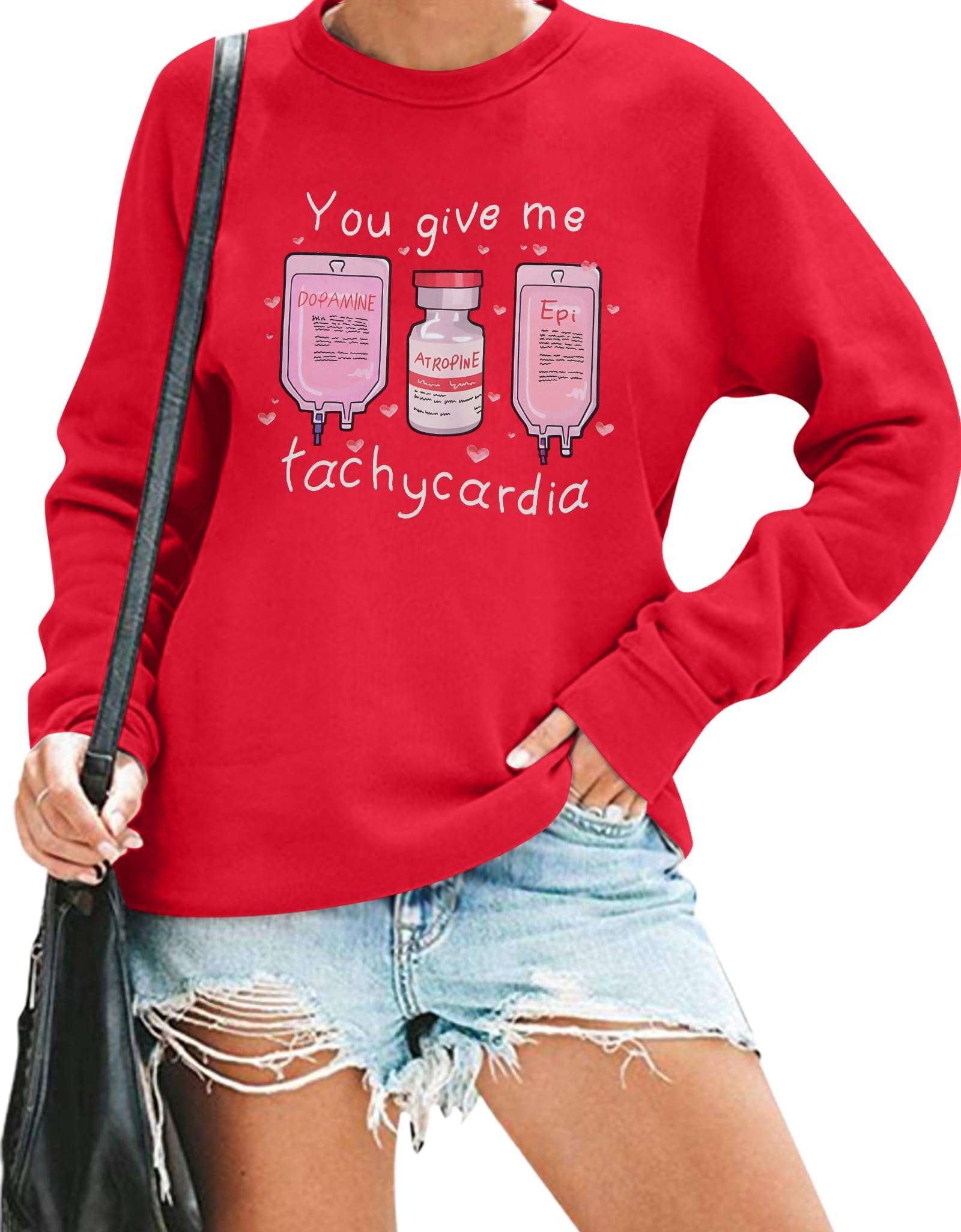 JINTING Nurse Valentines Day Sweatshirt Women: Valentines Day Long Sleeve Shirt ICU Nurse Life Pullover Tops Red