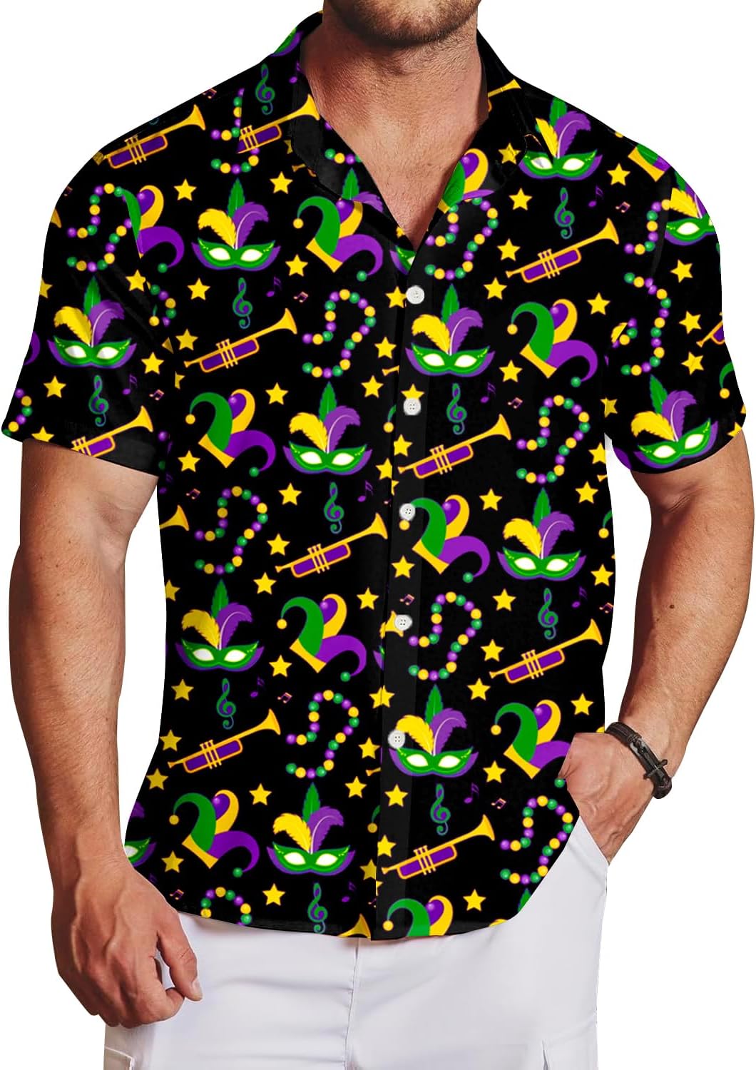 AOBUTE Men Valentines Shirts Mardi Gras Hawaiian Shirt Funny Fat Tuesday Holiday Top