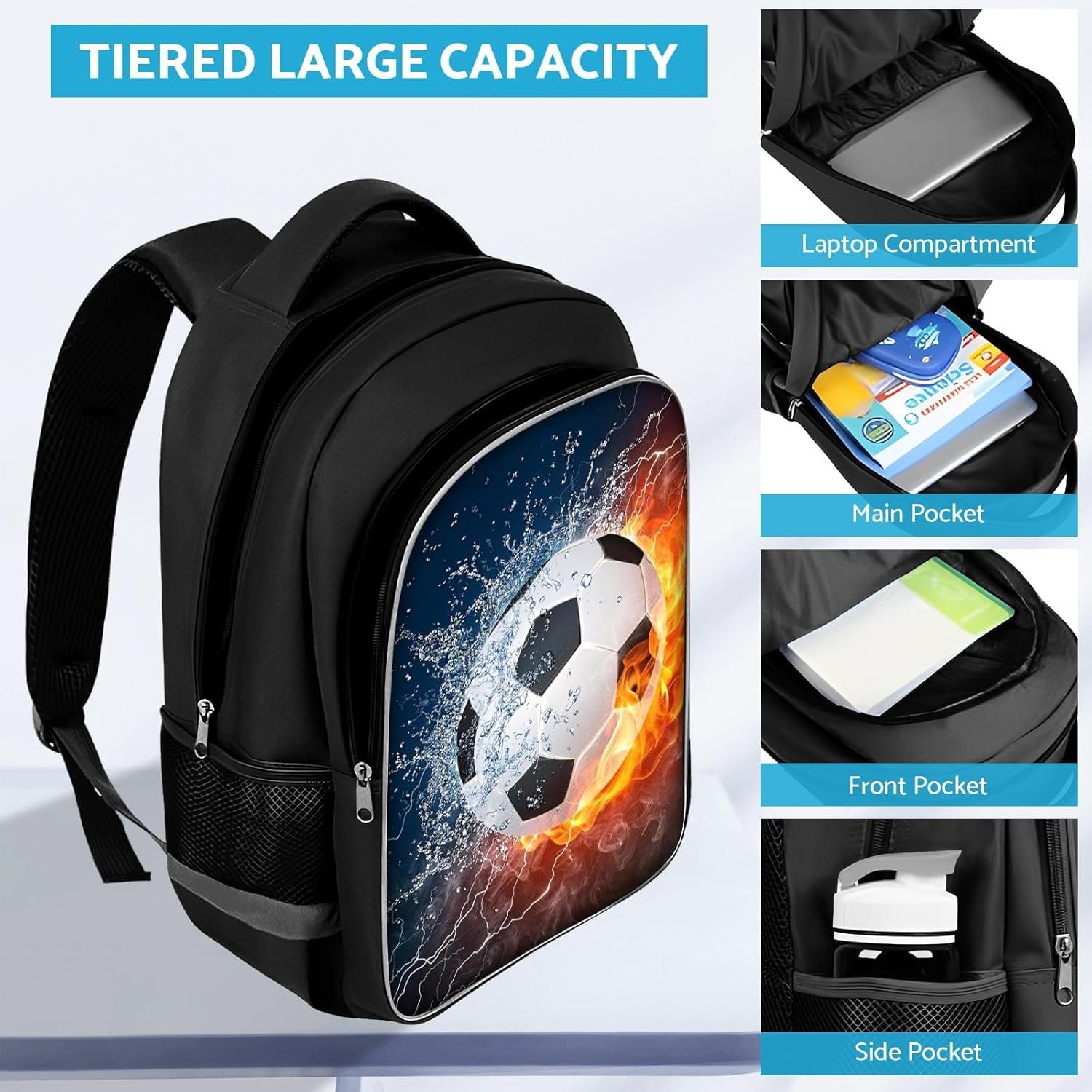 School Backpack for Boys - Soccer Boys Backpack for Kids Children Teens Elementary Middle School - Students Bag for Ages 6-18,17″Bookbag Multifunctional Large Capacity - Image 2