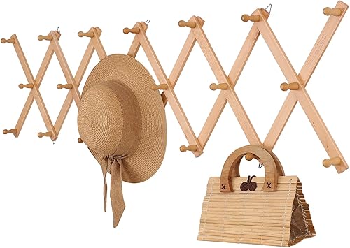 Miniatura 11 de Perchero de pared acordeón con 16 ganchos, perchero de pared de madera expandible para abrigos, sombreros, gorras de béisbol, tazas de café, joyas