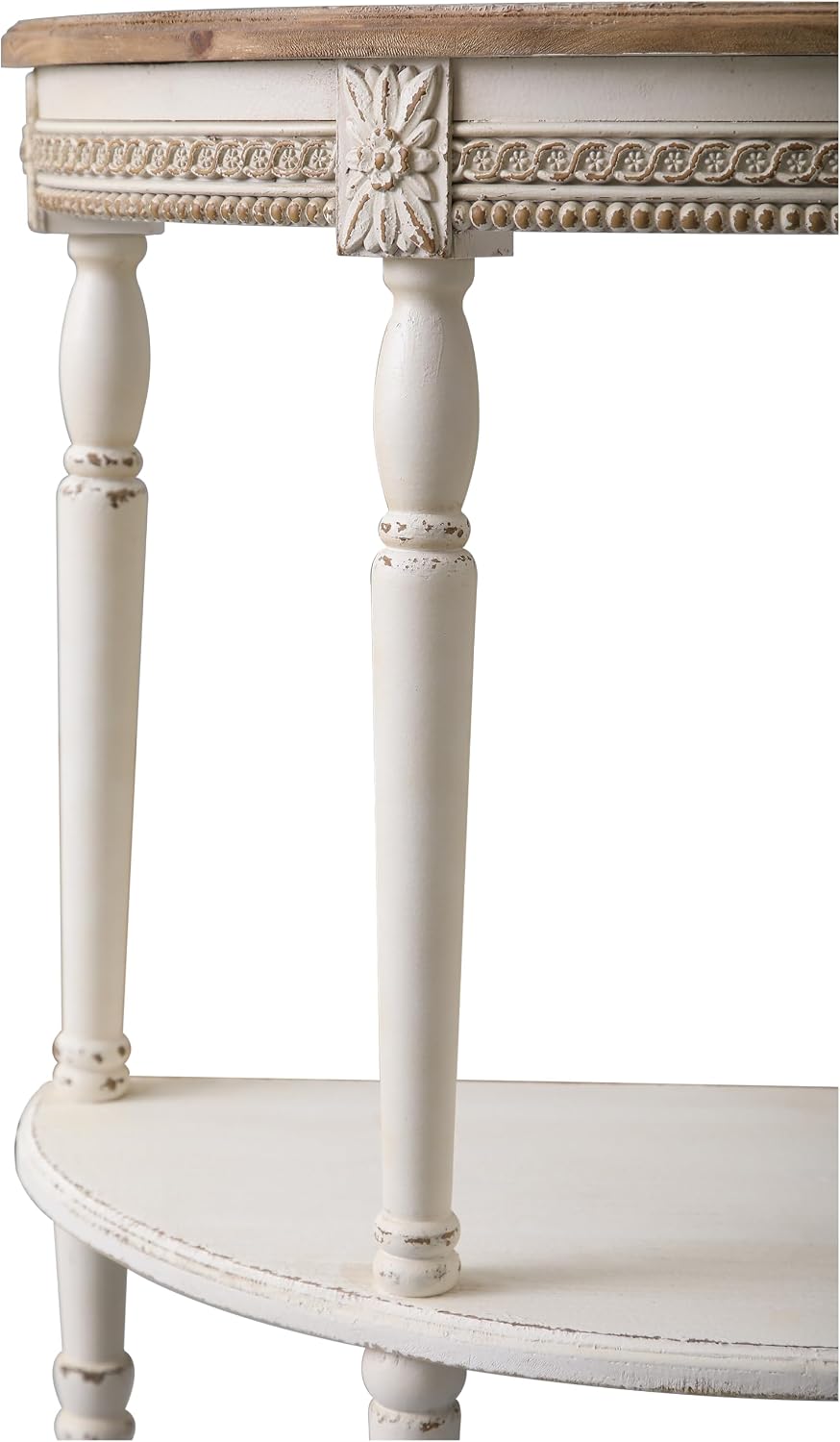 SOFE Distressed White Half Moon Console Table, 30 Inche Wood Entryway Table, Vintage Small Hallway Table for Living Room Sofa Side, Carved Floral Accents