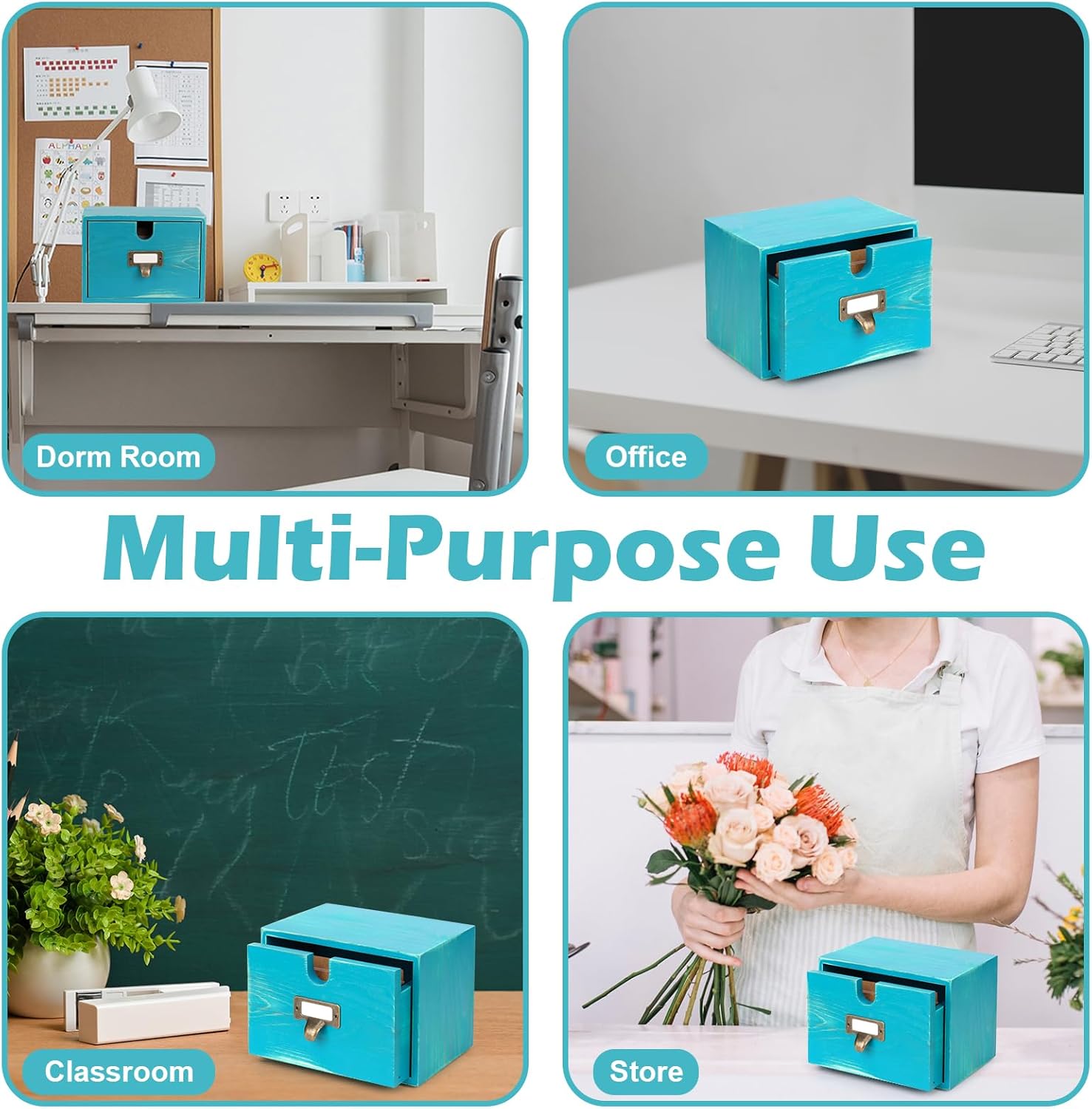 DLUGOPIS Blue 3x5 Index Card Holder with Drawer Wooden Index Card Box Vintage Card Catalog Box 30 Vintage Library Note Cards 5 Kraft Dividers for School Office Dorm Room Bedroom