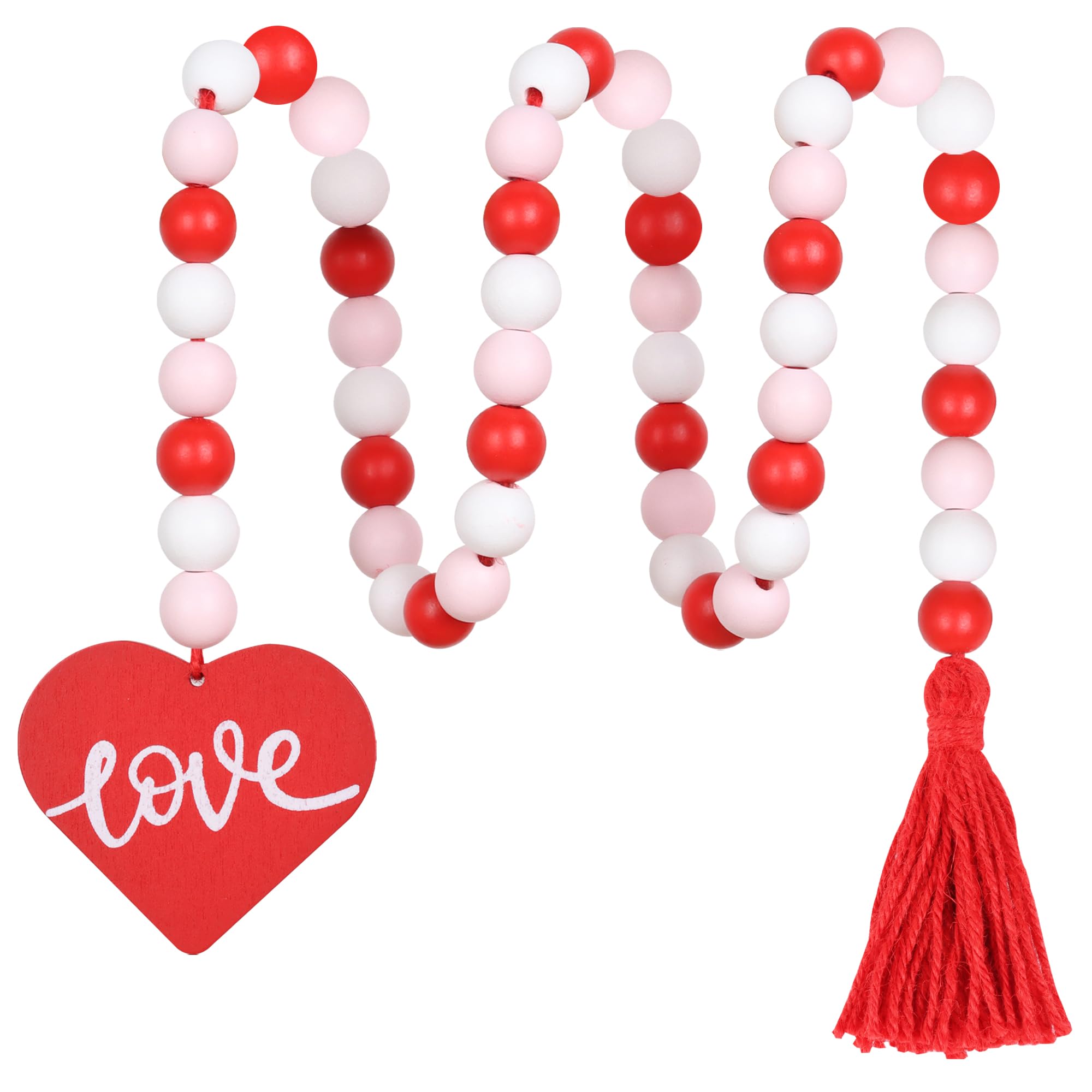 Valentinstag-Holzperlen-Girlande mit Quaste, Valentinstag, abgestuftes Tablett, Dekoration, Bauernhaus, rustikale Perlengirlande mit rotem Herz für Wandbehang, Heimdekorationen