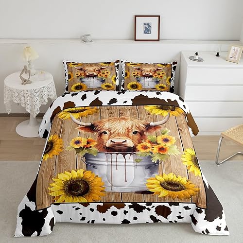 Manfei Juego de edredón de ganado Highland tamaño Queen, edredón de plumón de girasol amarillo con 2 fundas de almohada, juego de ropa de cama con