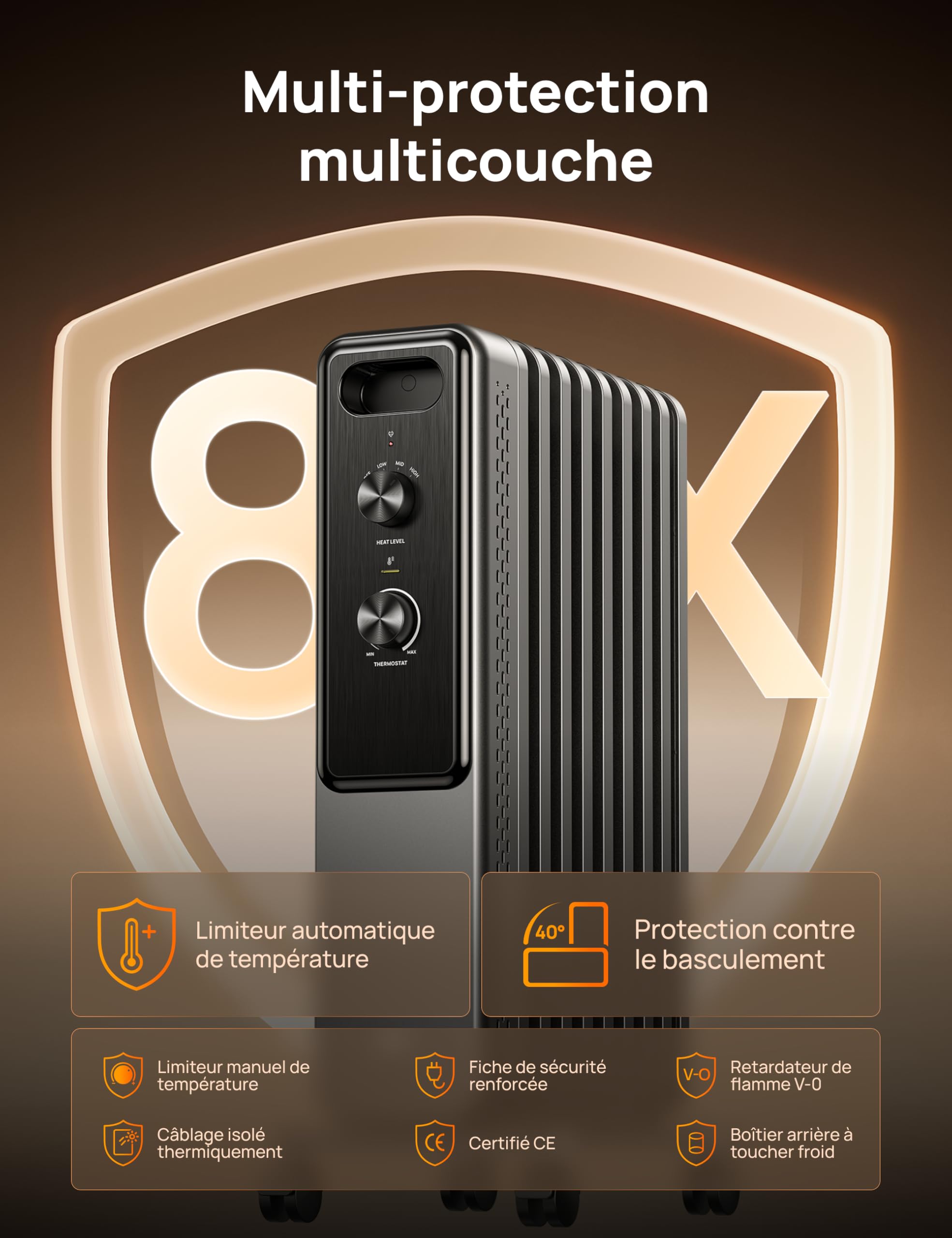 Dreo Radiateur à huile 2000W avec 9 ailettes, chauffage électrique silencieux pour chambre, thermostat réglable, protection surchauffe et basculement, sécurité enfant et mode économie d’énergie