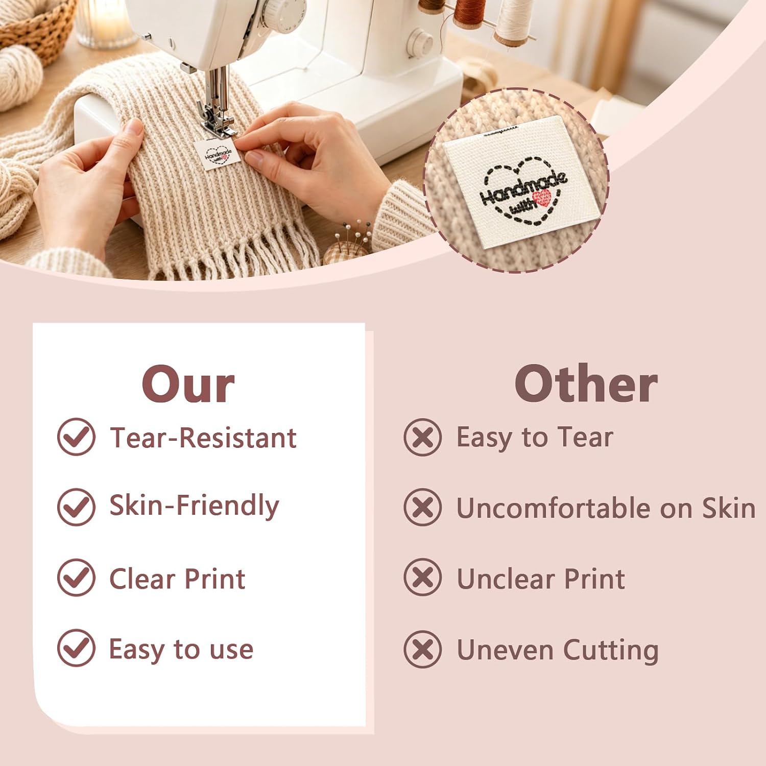 100pcs Sewing Labels for Handmade Items, Handmade with Love Tags