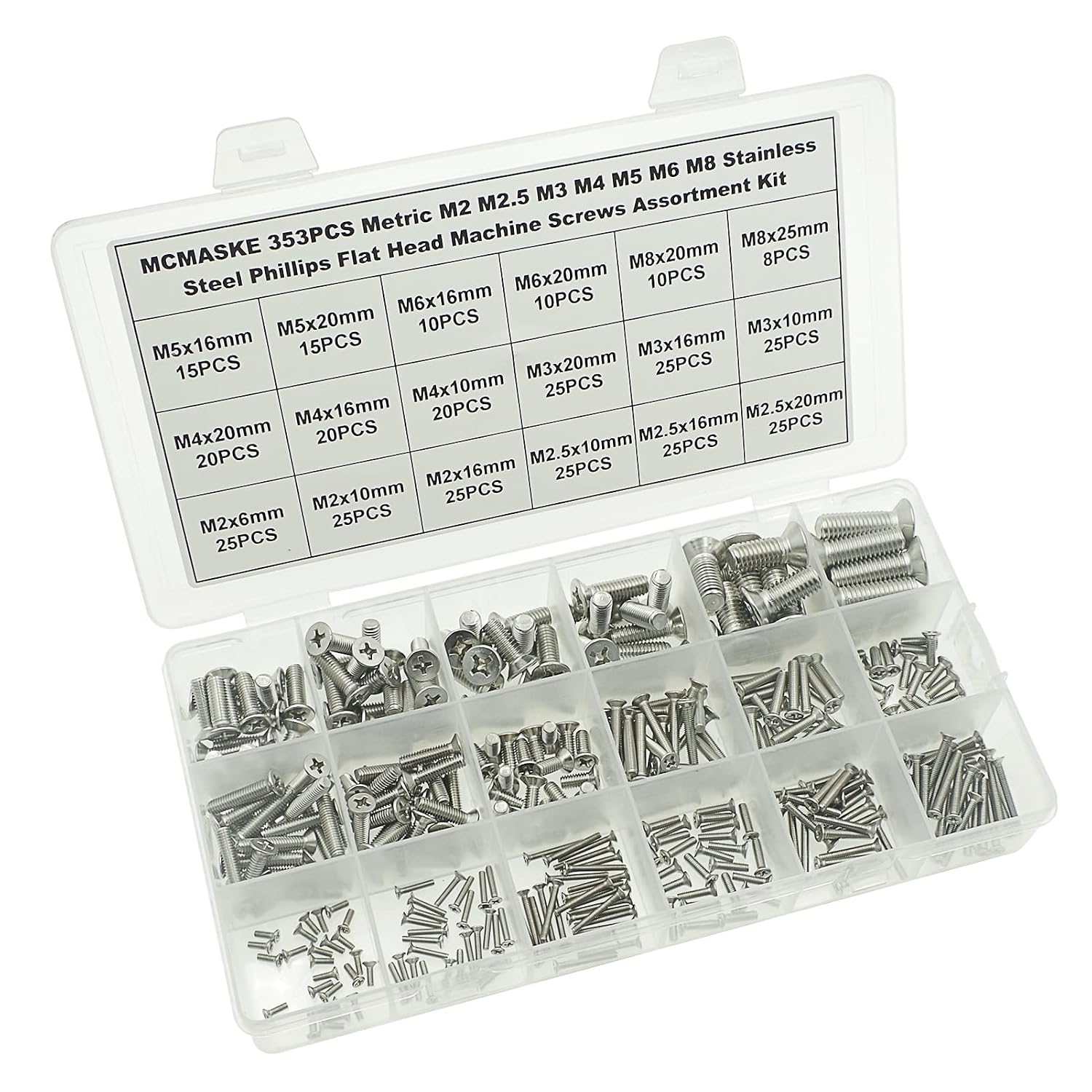 353PCS Metric M2 M2.5 M3 M4 M5 M6 M8 304 Stainless Steel Phillips Flat Head Machine Screws Assortment Kit