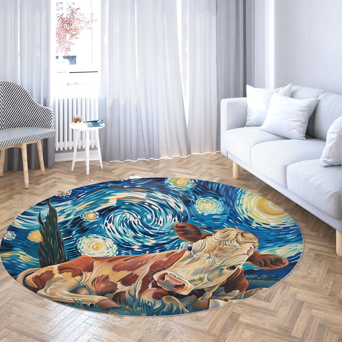 Tapis rond vache de 200cm abstrait ciel étoilé lavable pour bureau