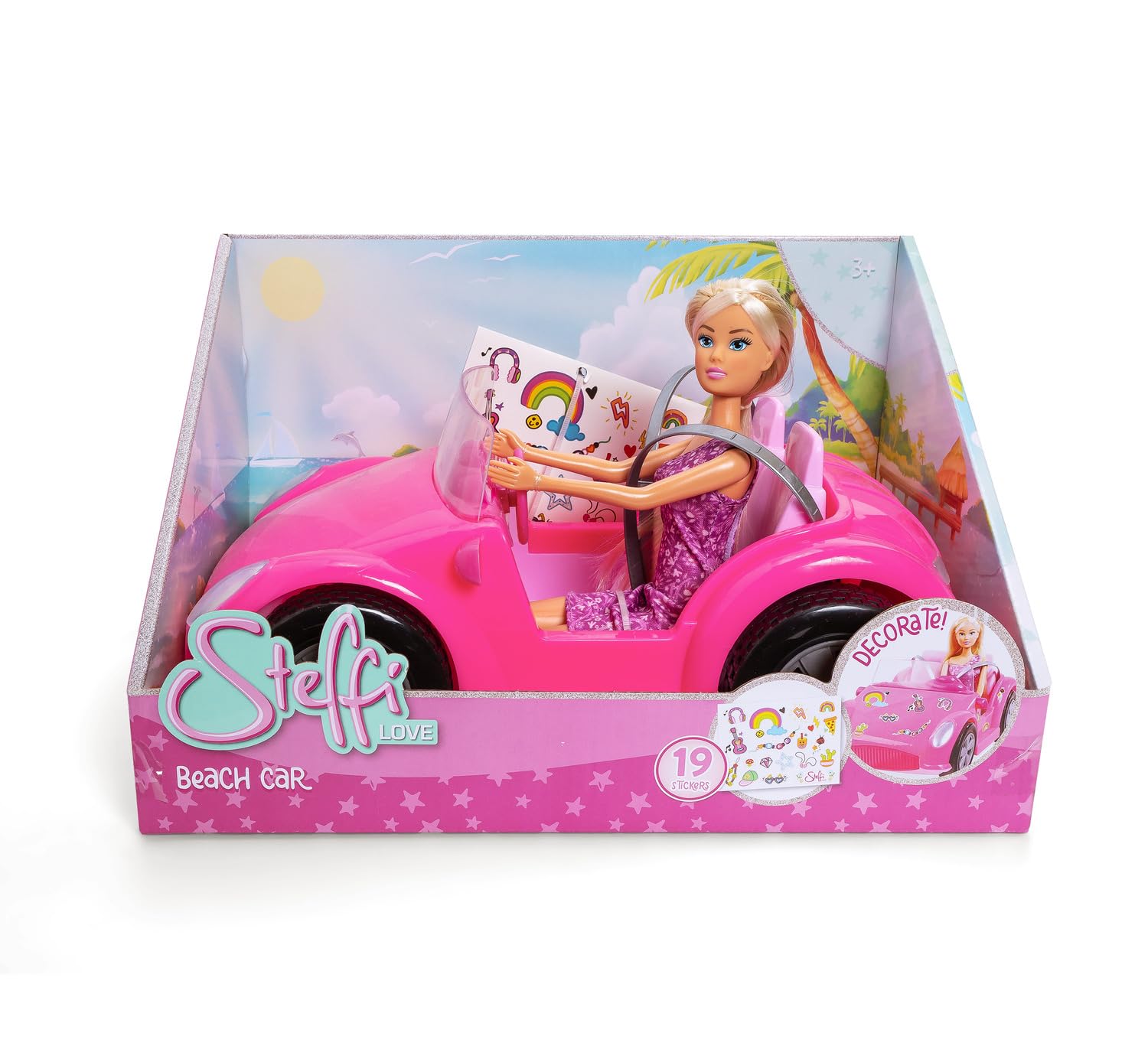 Simba Steffi Love Beach Car – Steffi im Strandbuggy mit Stickerbogen zum Dekorieren, Fahrzeug für Puppen bis 29 cm, Länge 29 cm, Puppenfahrzeug für Kinder ab 3 Jahren