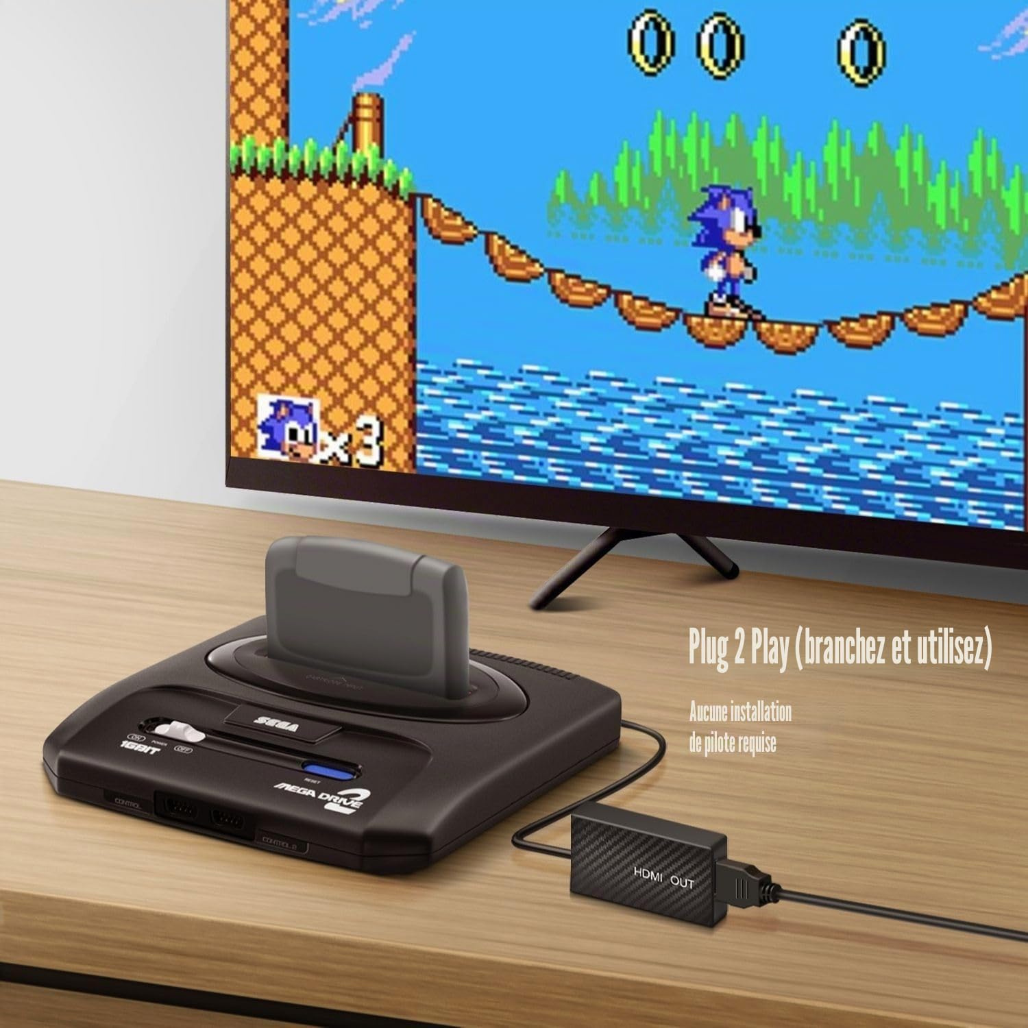 TNP Câble adaptateur convertisseur HDMI compatible Sega Genesis, CD, CDX, 32X, Nomad, Mega Drive 2, Master System pour téléviseurs HD, moniteurs et projecteurs