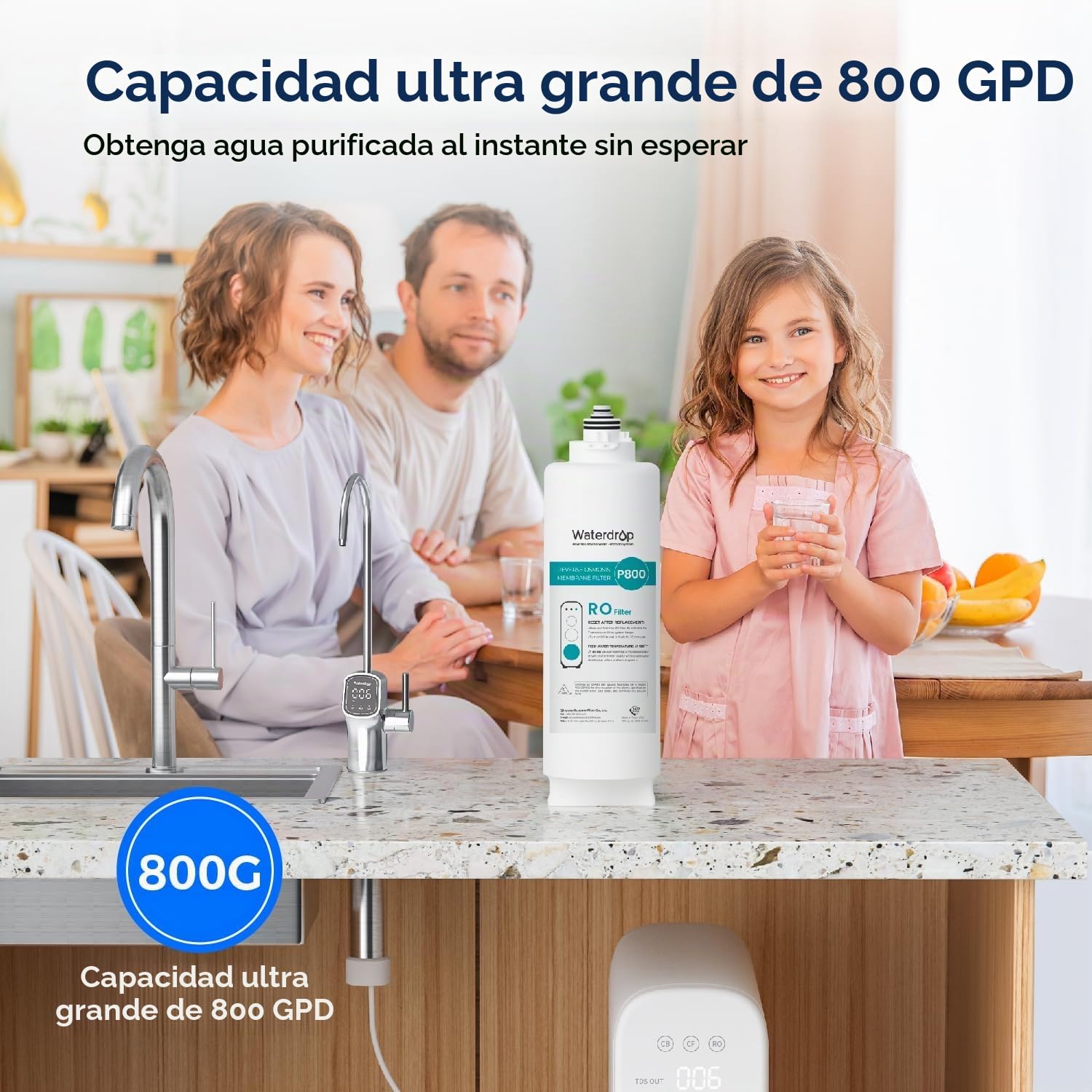 Waterdrop WD-G3P800-N2RO Filtro, Recambio para el Sistema de Osmosis Inversa sin Depósito WD-G3P800-W, Reducir los PFAS, 2 Años de Vida Util