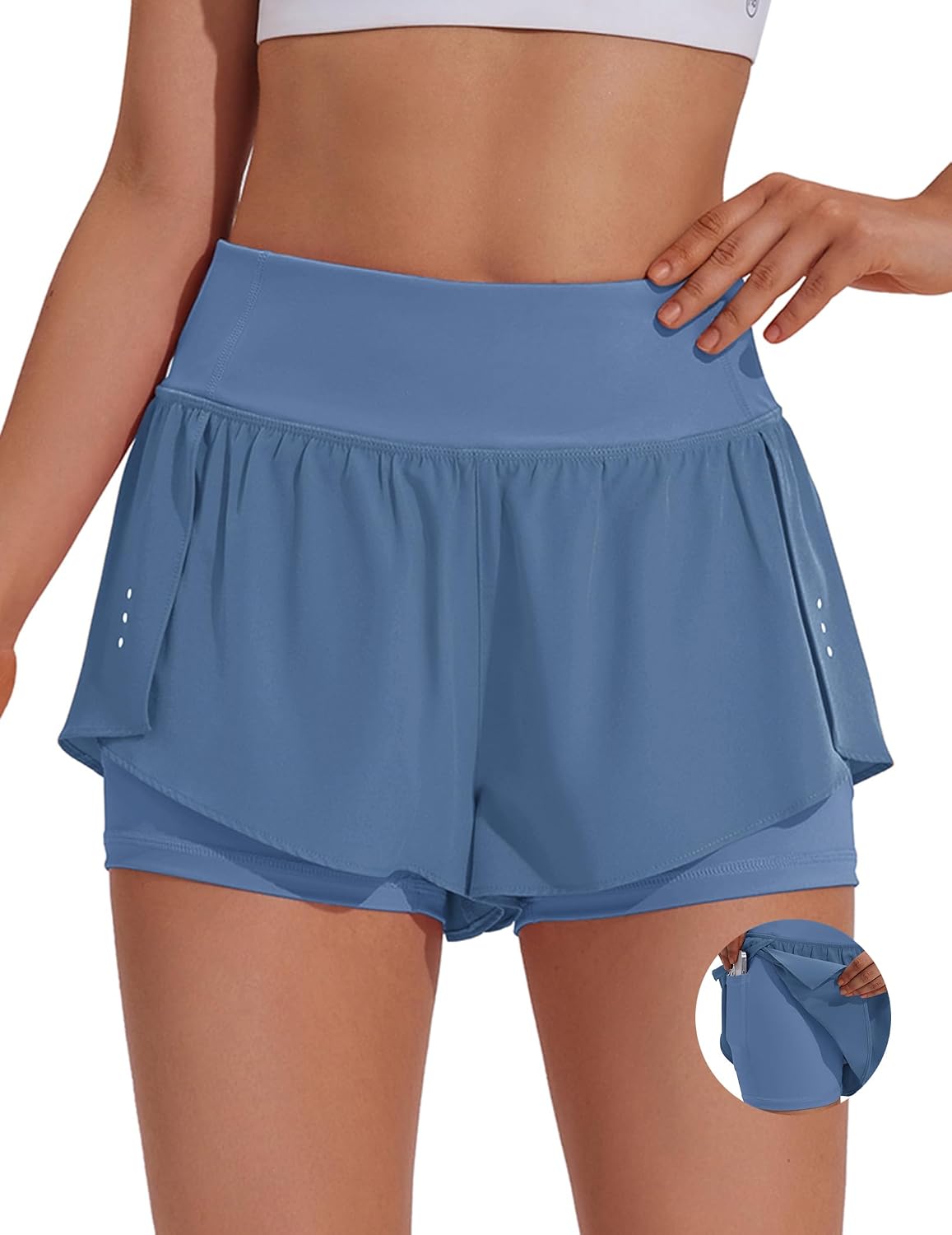 PINSPARK 2 in 1 Athletic Shorts for Women Biker Underneath Running Shorts High Waisted Gym Workout Short with Side Pockets