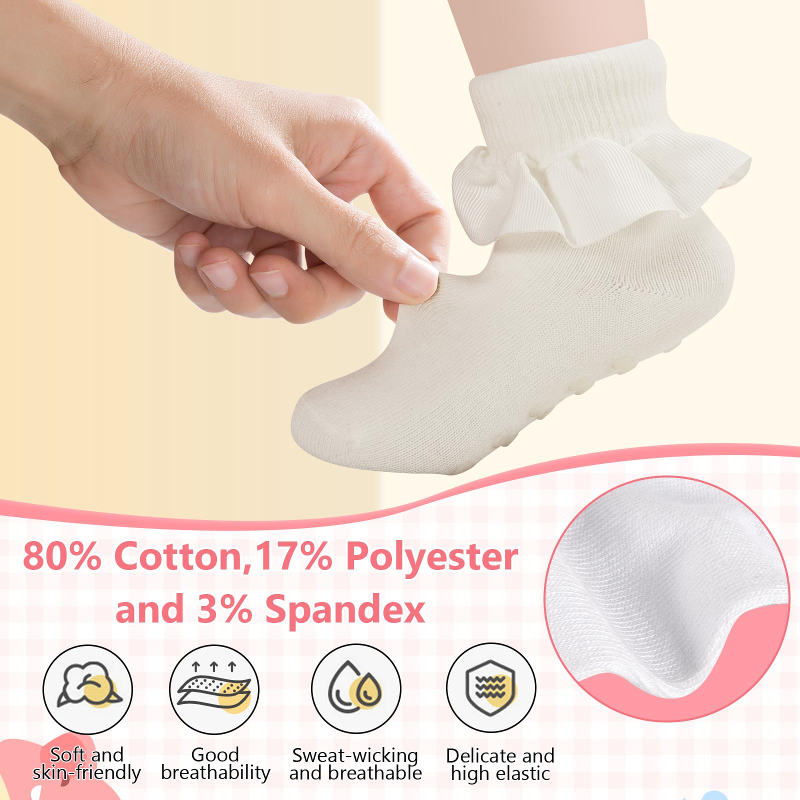 Rüschensocken für Mädchen, Kleinkind, Mädchen, Drehmanschette, Rundhalsausschnitt, Rüschen, rutschfest, Tanzsocken mit Rüschen für Kinder und Babys