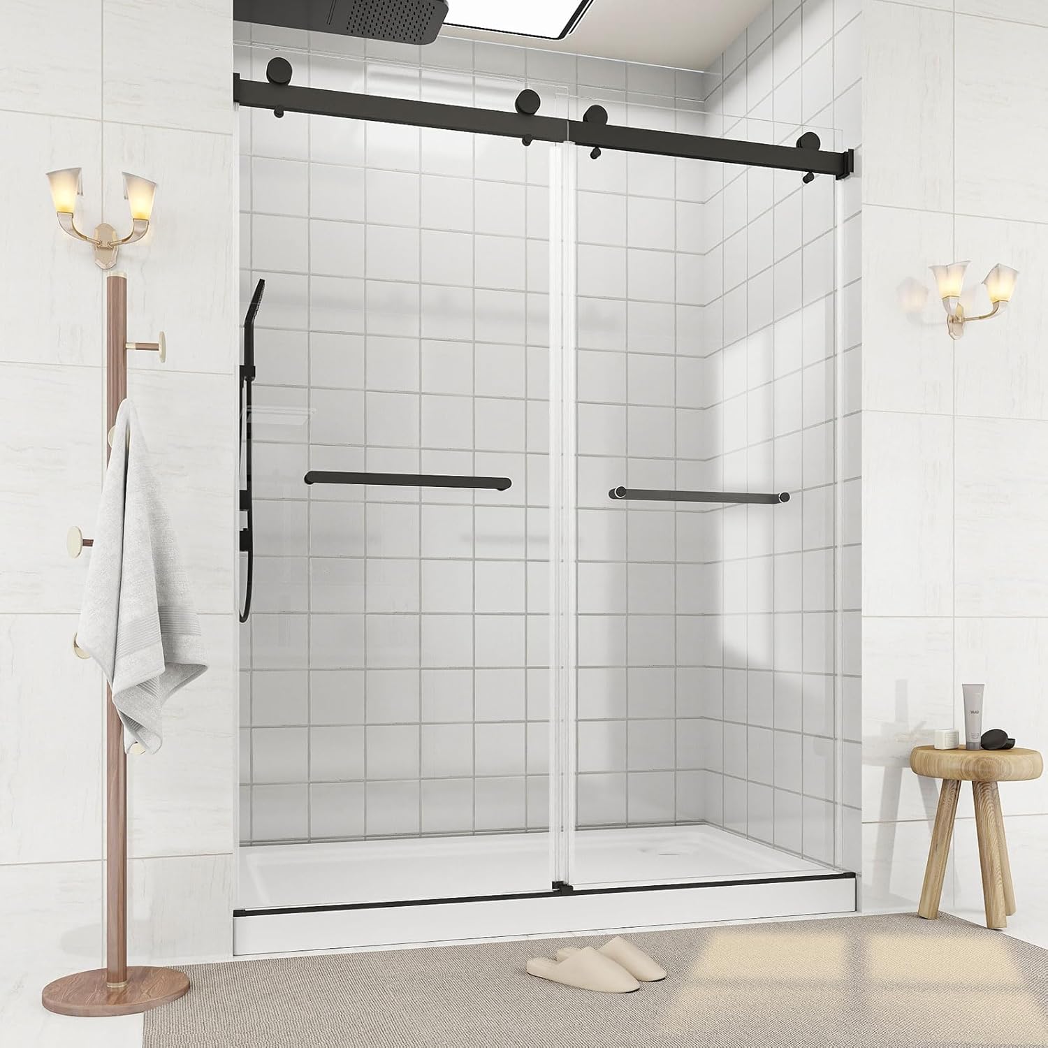 Zevemomo 56-60" W x 75" H Semi-Frameless Shower Door, Double Slide Glass Door with 5/16" (8mm) Clear Shatterproof SGCC Tempered Glass & Handle, Stainless Steel Frame & Hardware, Matt Black Finish