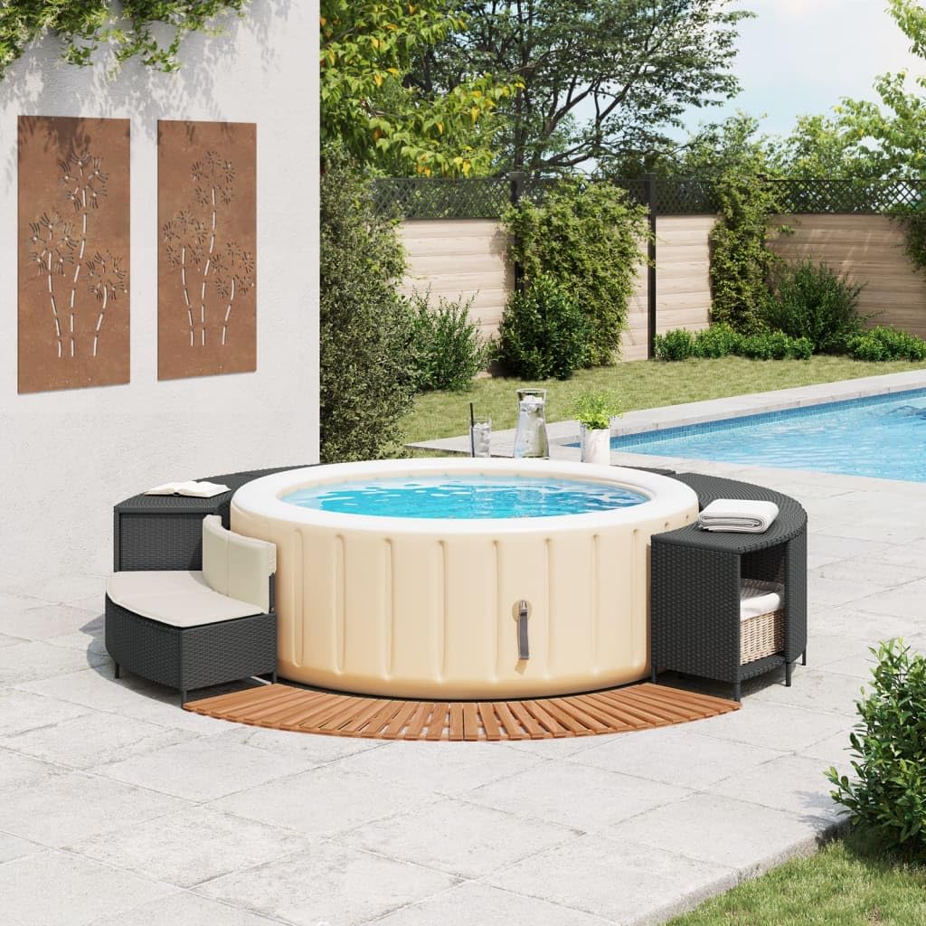 Whirlpool-Umrandung Schwarz Poly-Rattan und Massivholz Akazie Schwimmbecken Poolumrandung