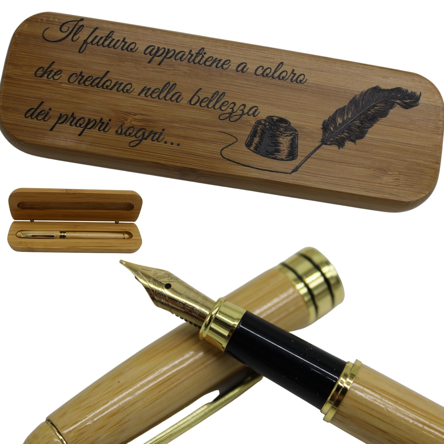Amore Legno Sforza Penna Stilografica Elegante, Regalo Uomo Donna Laurea Compleanno con Frasi Motivazionali, Scatola Bamboo
